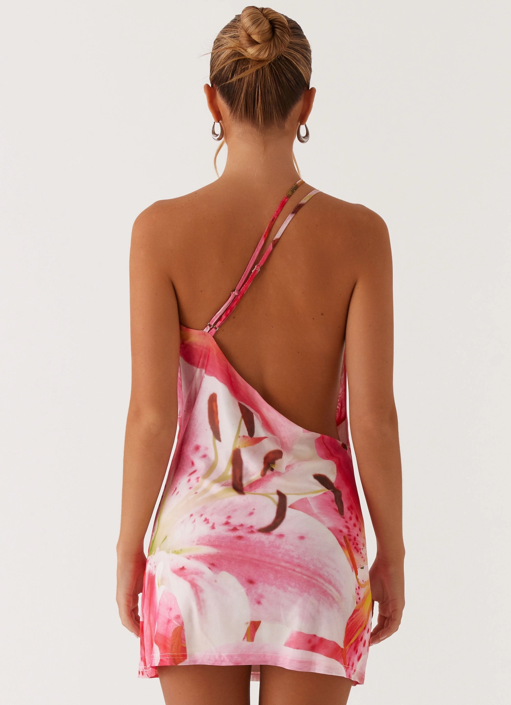 Bohemian Bliss Mesh Mini Dress - White Pink Lilly Garden Scene