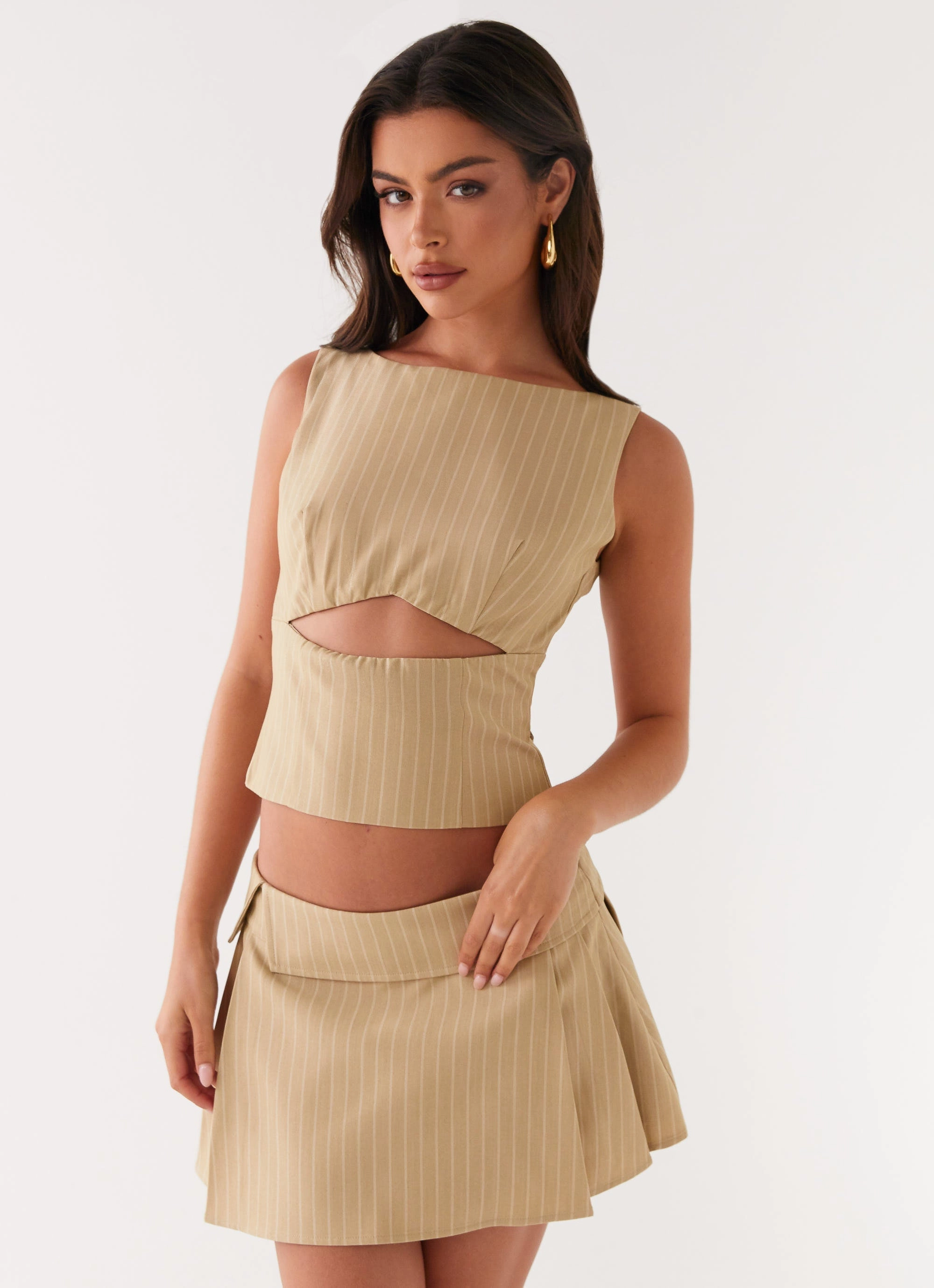 Miki Mini Skirt - Beige Stripe Global Inspiration Reinforced Hemline