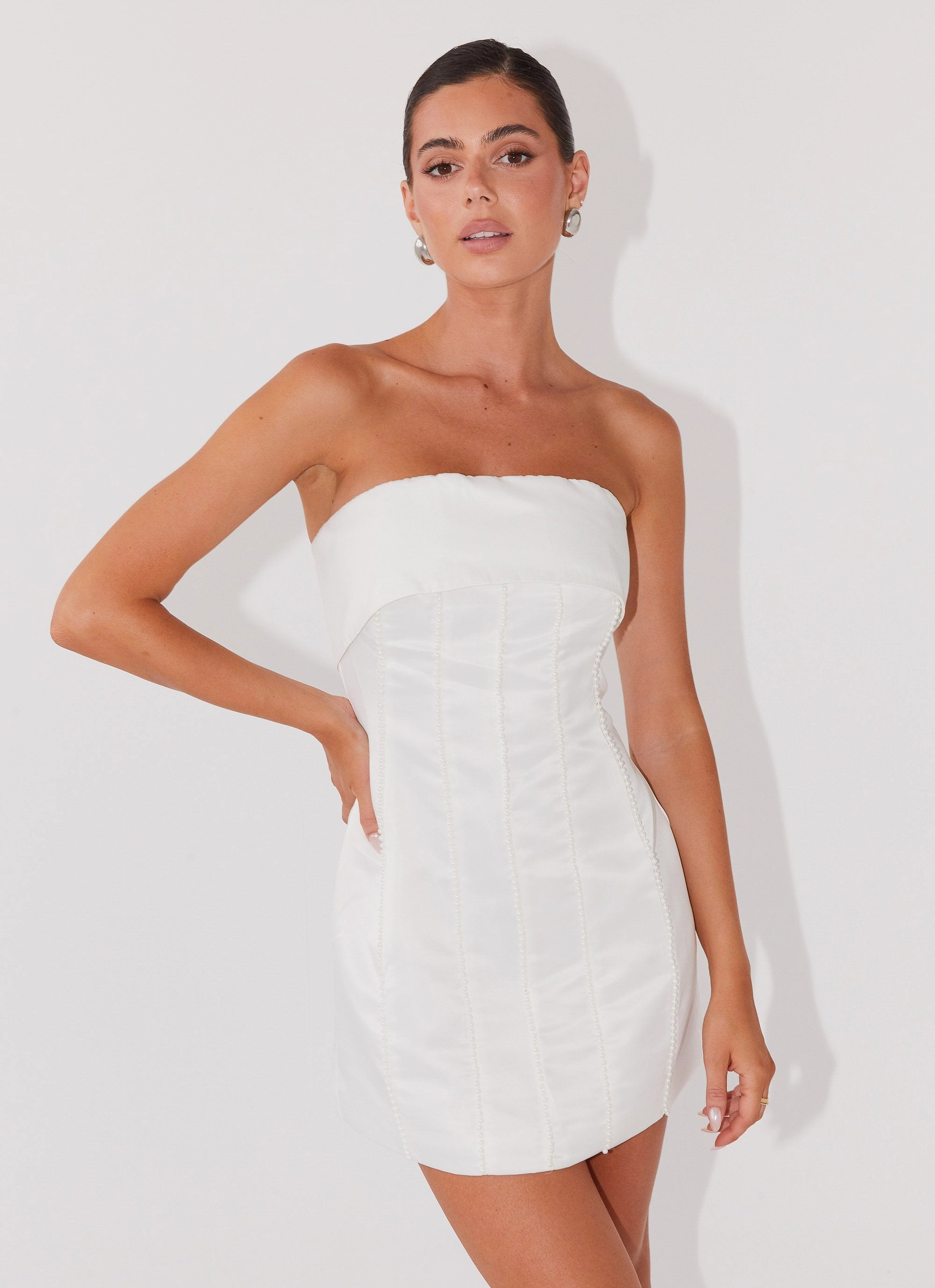 Bombshell Tube Mini Dress - White Pearl Natural Form Quick Elegance