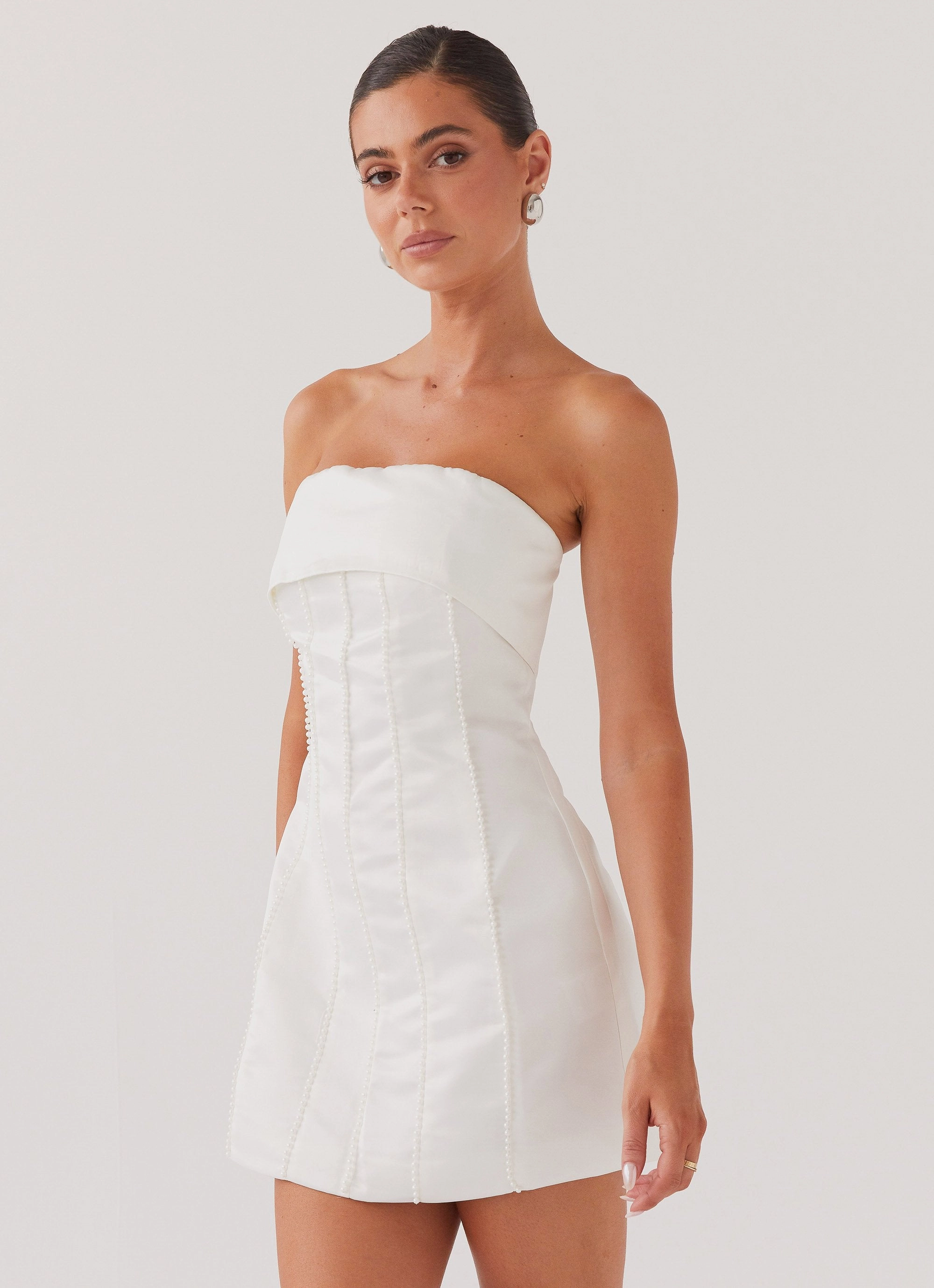 Bombshell Tube Mini Dress - White Pearl Smart Detail Tailored Layers