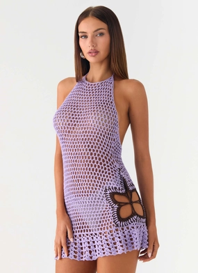 Easy Lovely Sheer Light Henley Crochet Mini Dress - Lavender