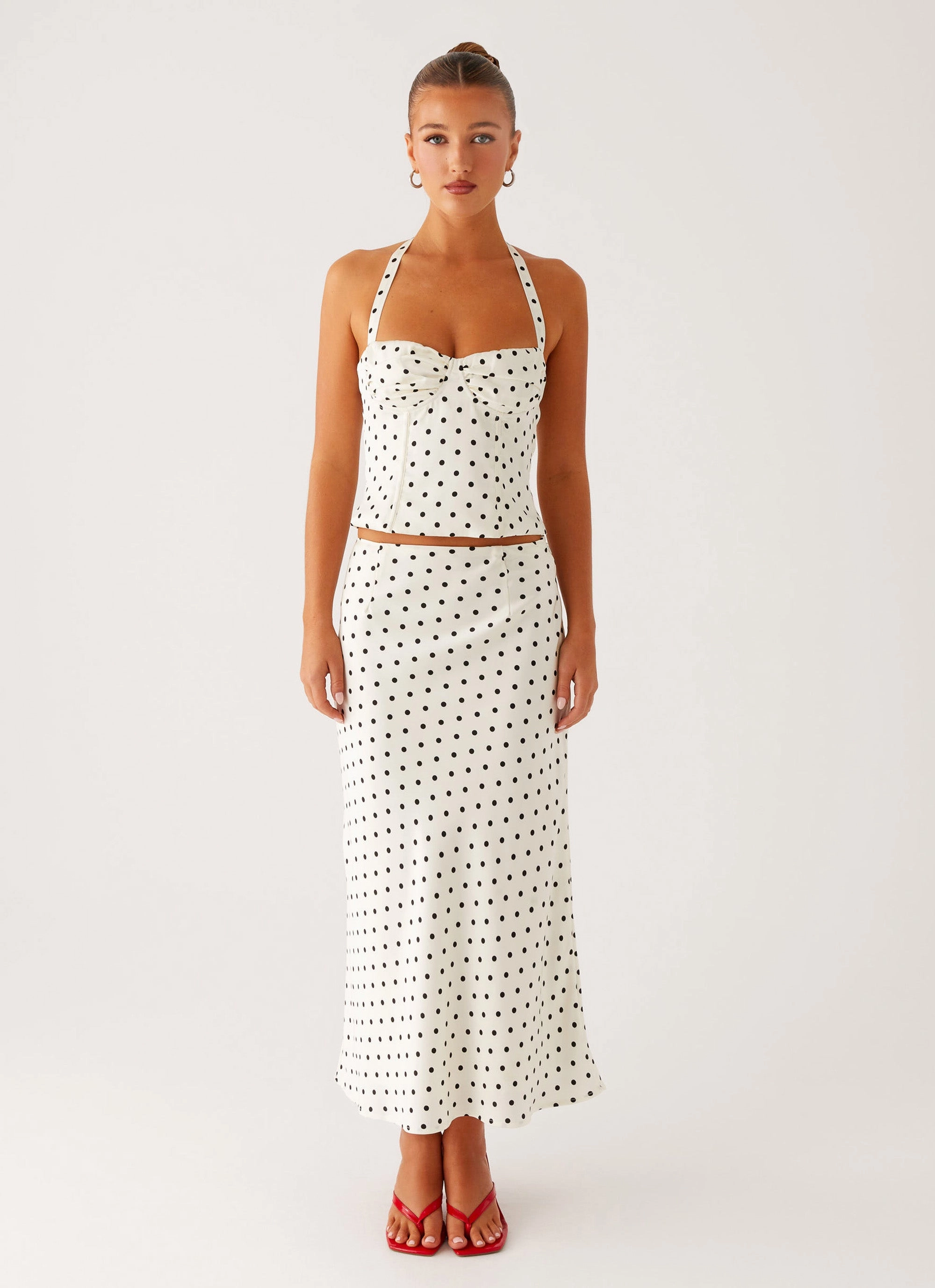 Twist Front Design Weekend Favorite Breanne Midi Skirt - White Polka Dot