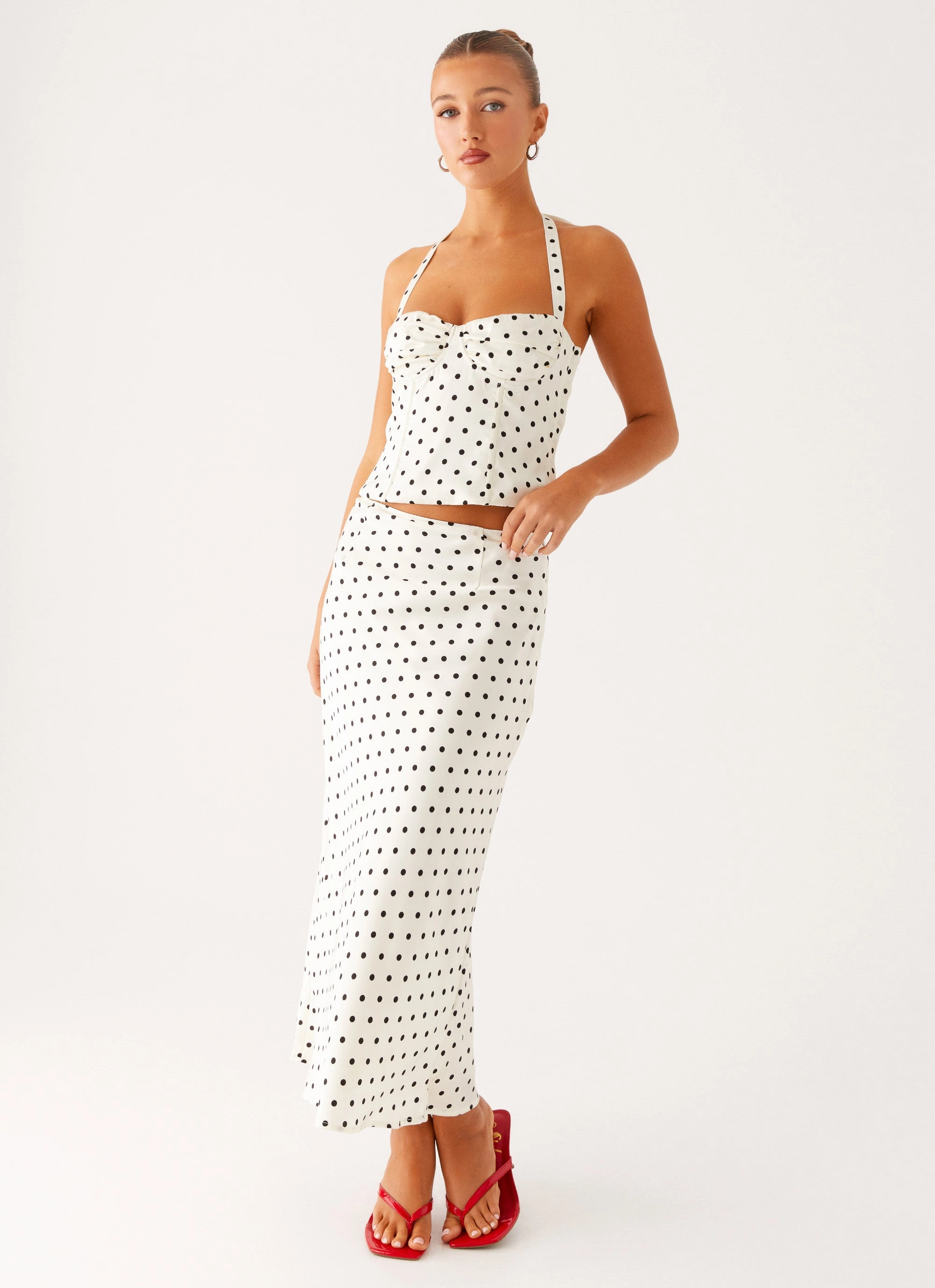 Breanne Midi Skirt - White Polka Dot Light Fabric