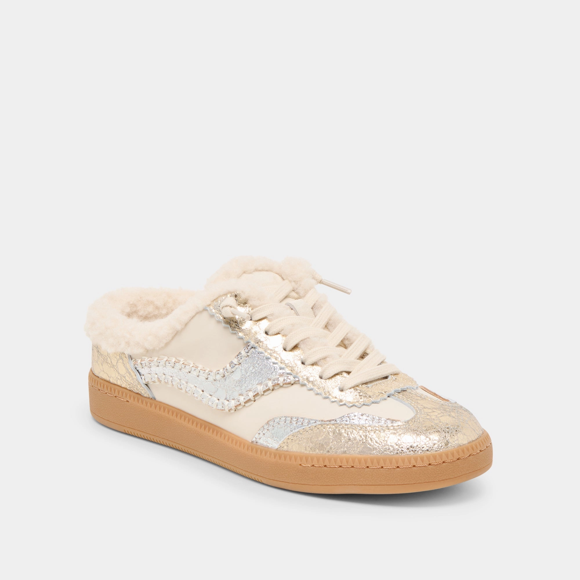 No Seam Interior NOTICE SLIDE PLUSH SILVER GOLD CRACKLED LEATHER