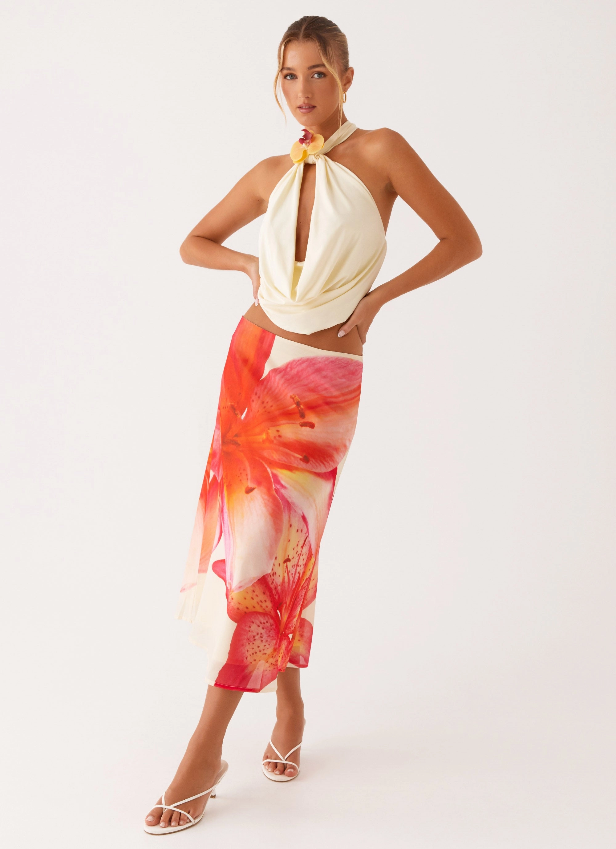 Wearable Art Adjustable Hem Summertime Midi Skirt - Yellow Floral