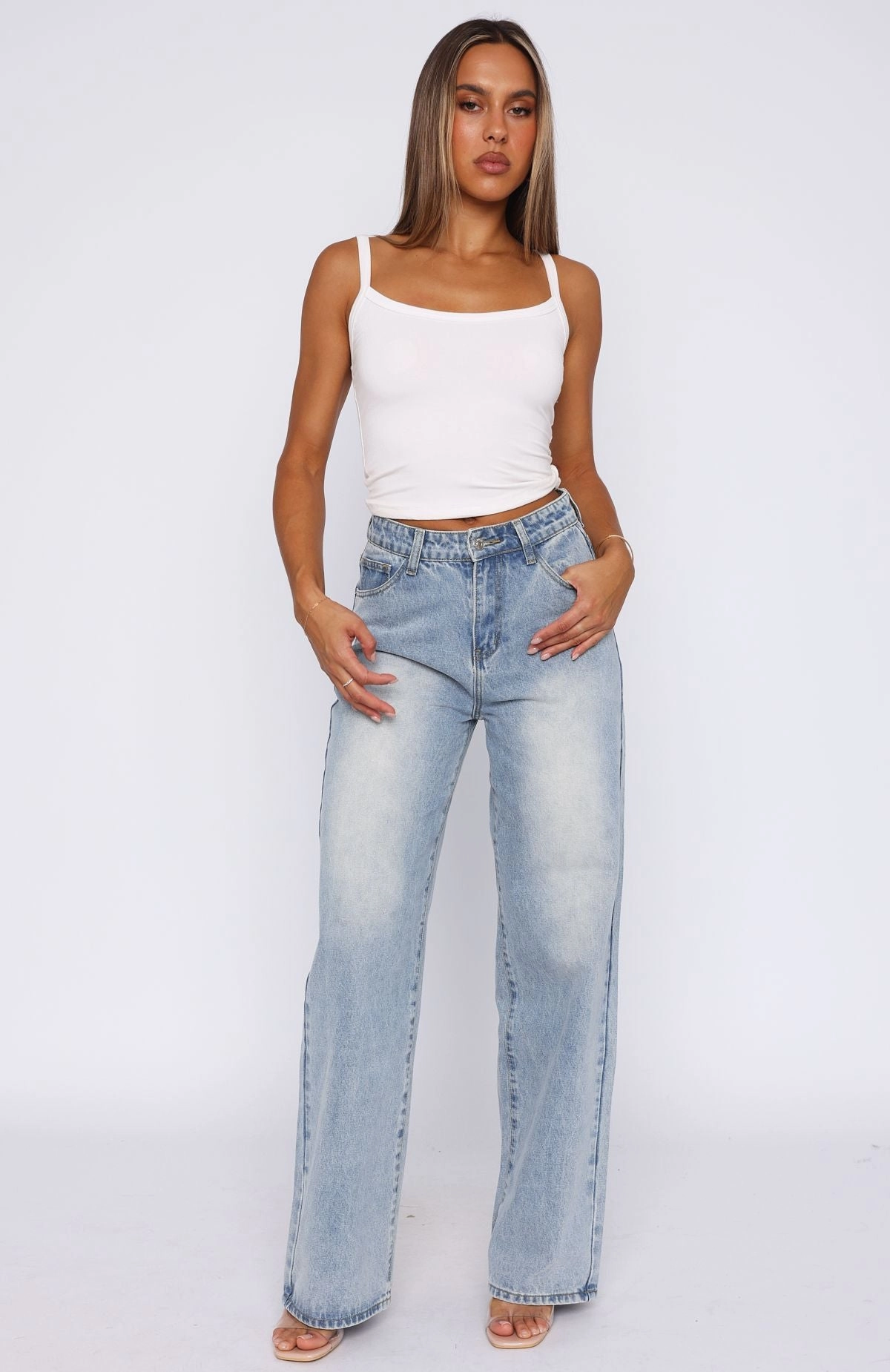 Wardrobe Classic Simple Fashion Bring The Style High Rise Wide Leg Jeans Light Blue