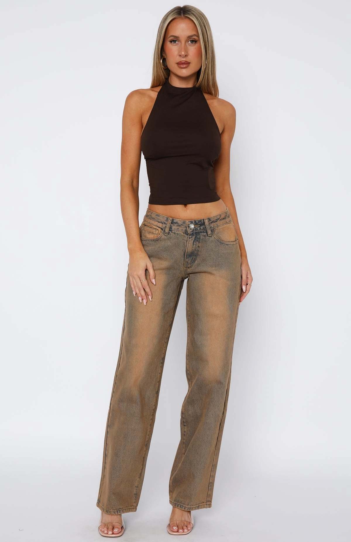 Night Out Bold Look Colorfast Denim Bring The Style Low Rise Wide Leg Jeans Clay