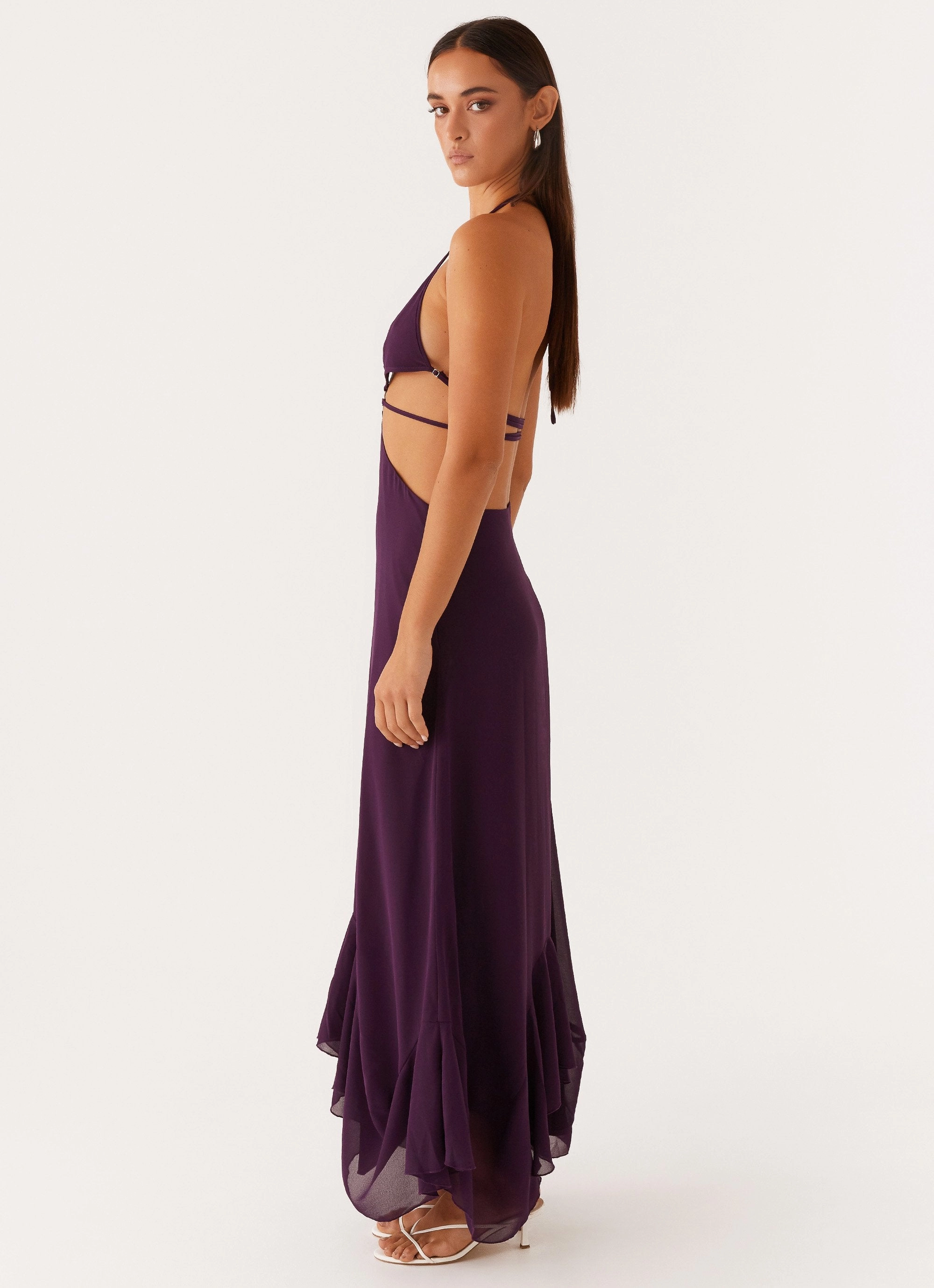 Smart Waistband Design Smooth Detail Bronx Halterneck Maxi Dress - Mulberry