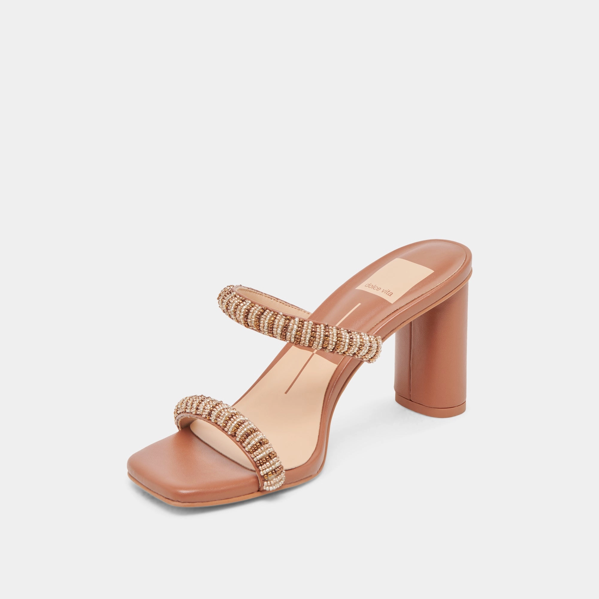 Leather Material Stylish Straps NOLAH HEELS TAN MULTI BEADS