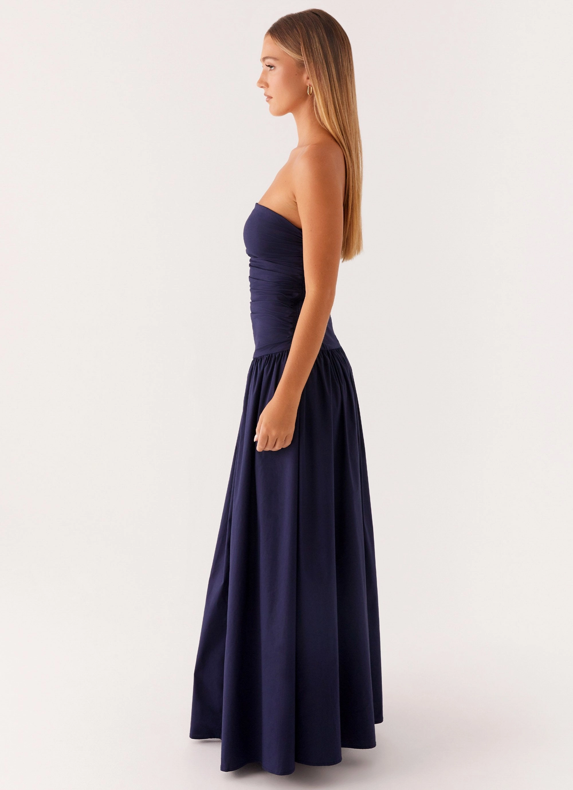 Balloon-Sleeve Stylish Line Carmel Maxi Dress - Navy