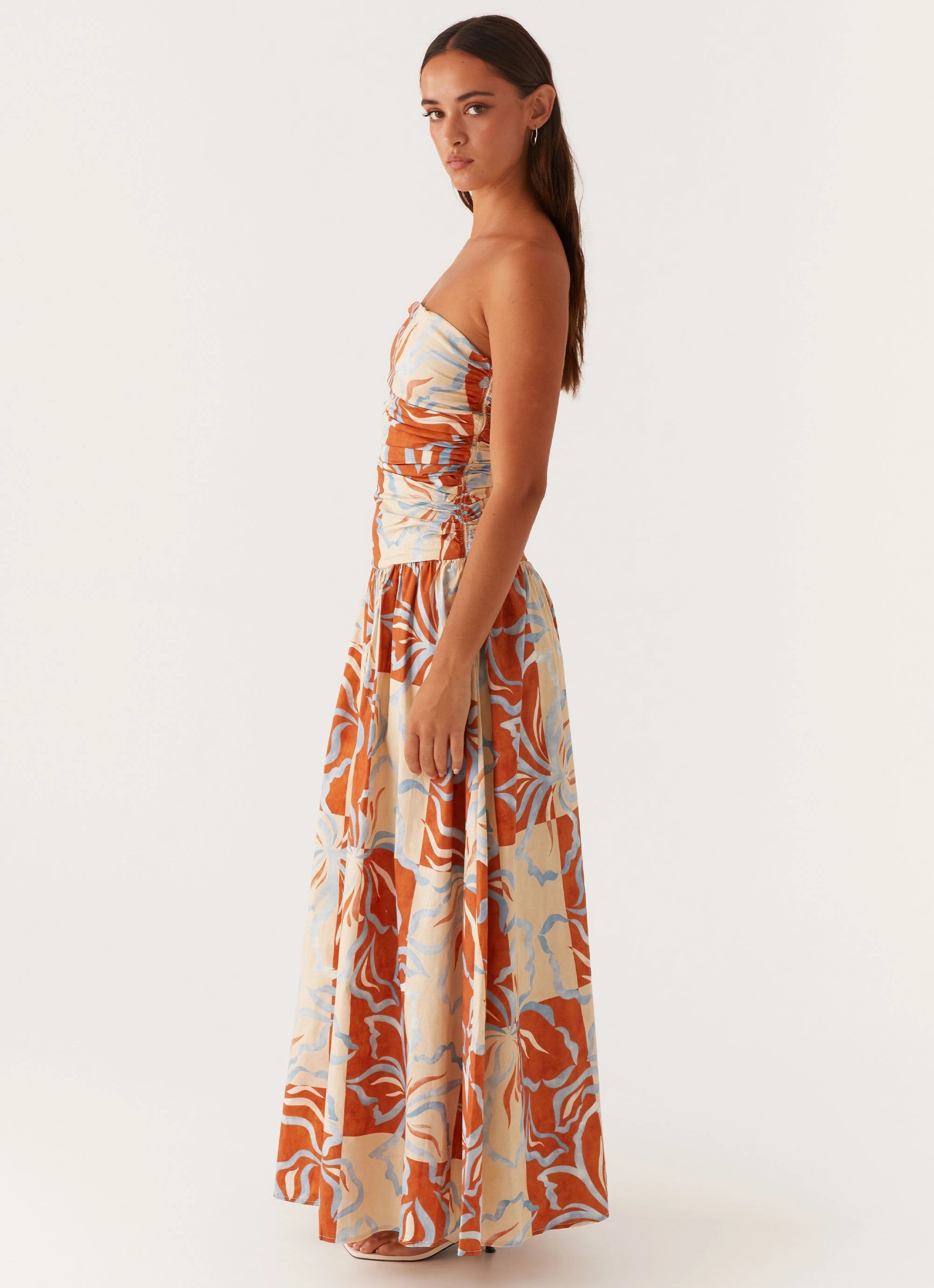 Carmel Maxi Dress - Orange Blue Floral Garden Scene