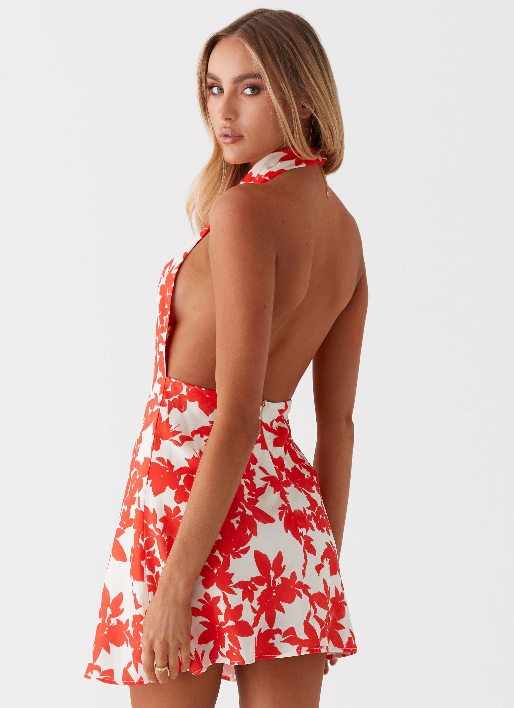 Carmine Bouquet Cowl Neck Mini Dress - Red Floral Earth-Tone