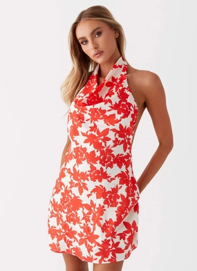 Carmine Bouquet Cowl Neck Mini Dress - Red Floral Photo Light
