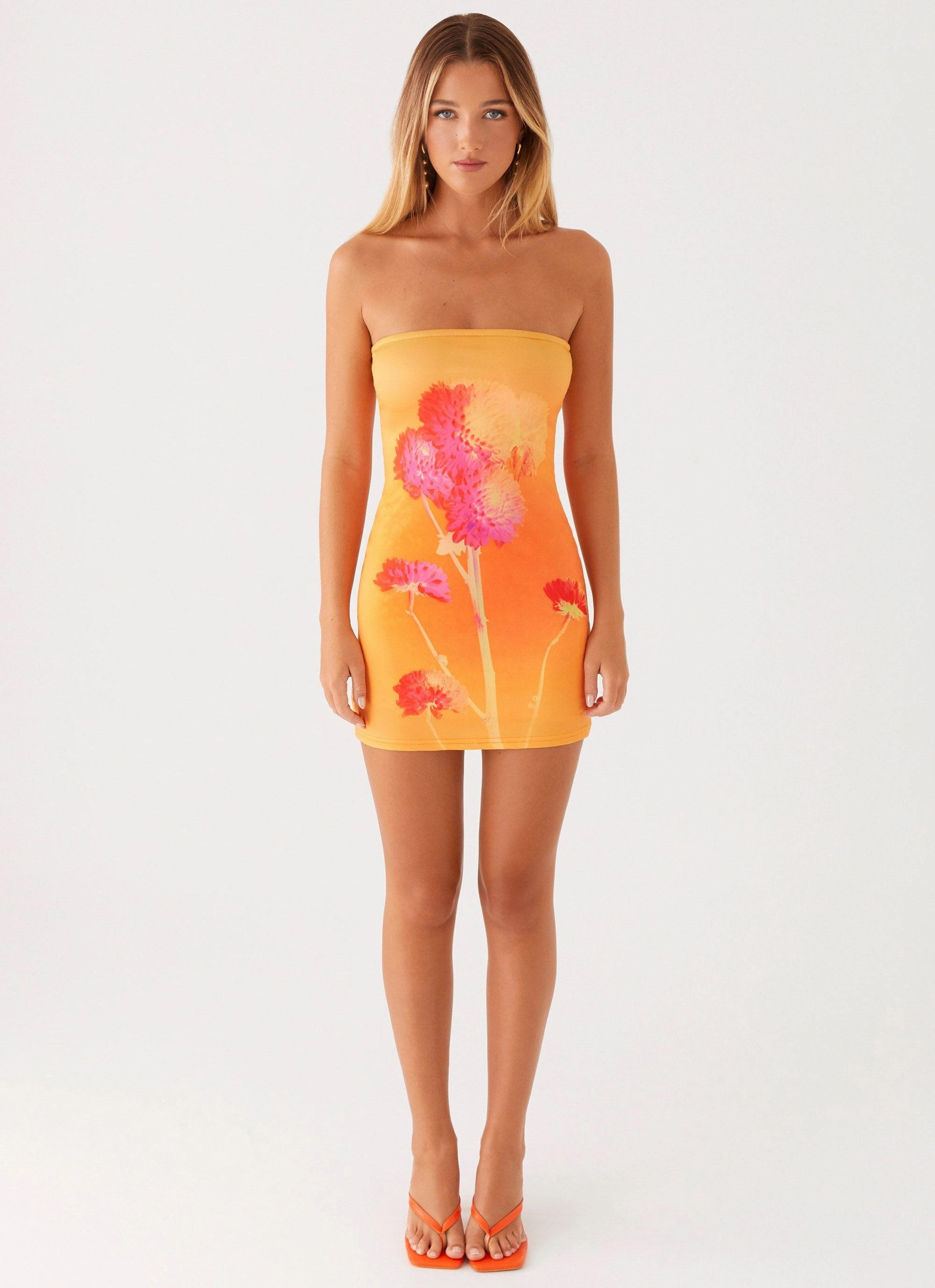 Caroline Mini Dress - Orange Floral High Hemline Flattering Look Wear