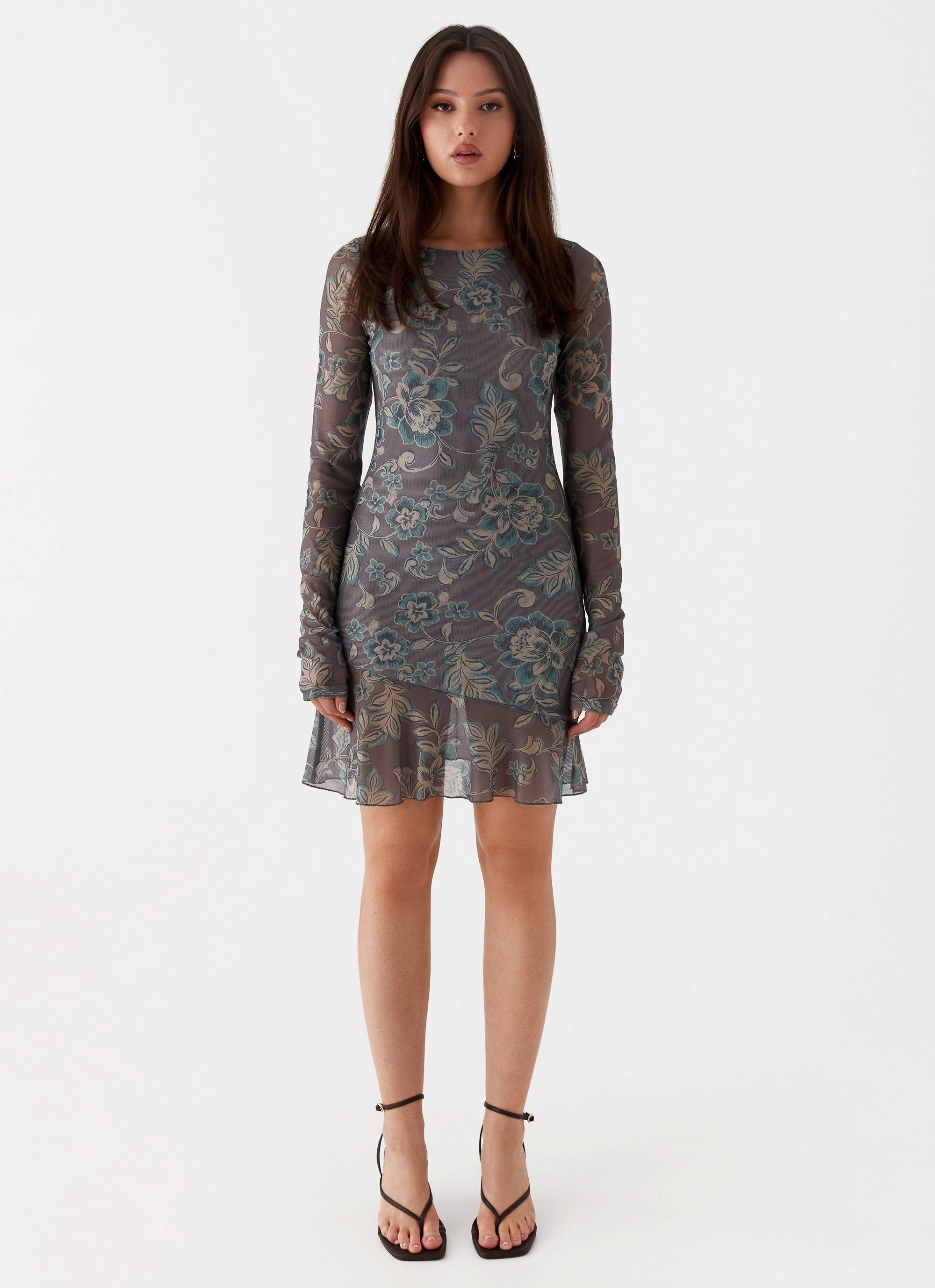 Ines Long Sleeve Mini Dress - Brown Floral Back-Zip Travel Friendly