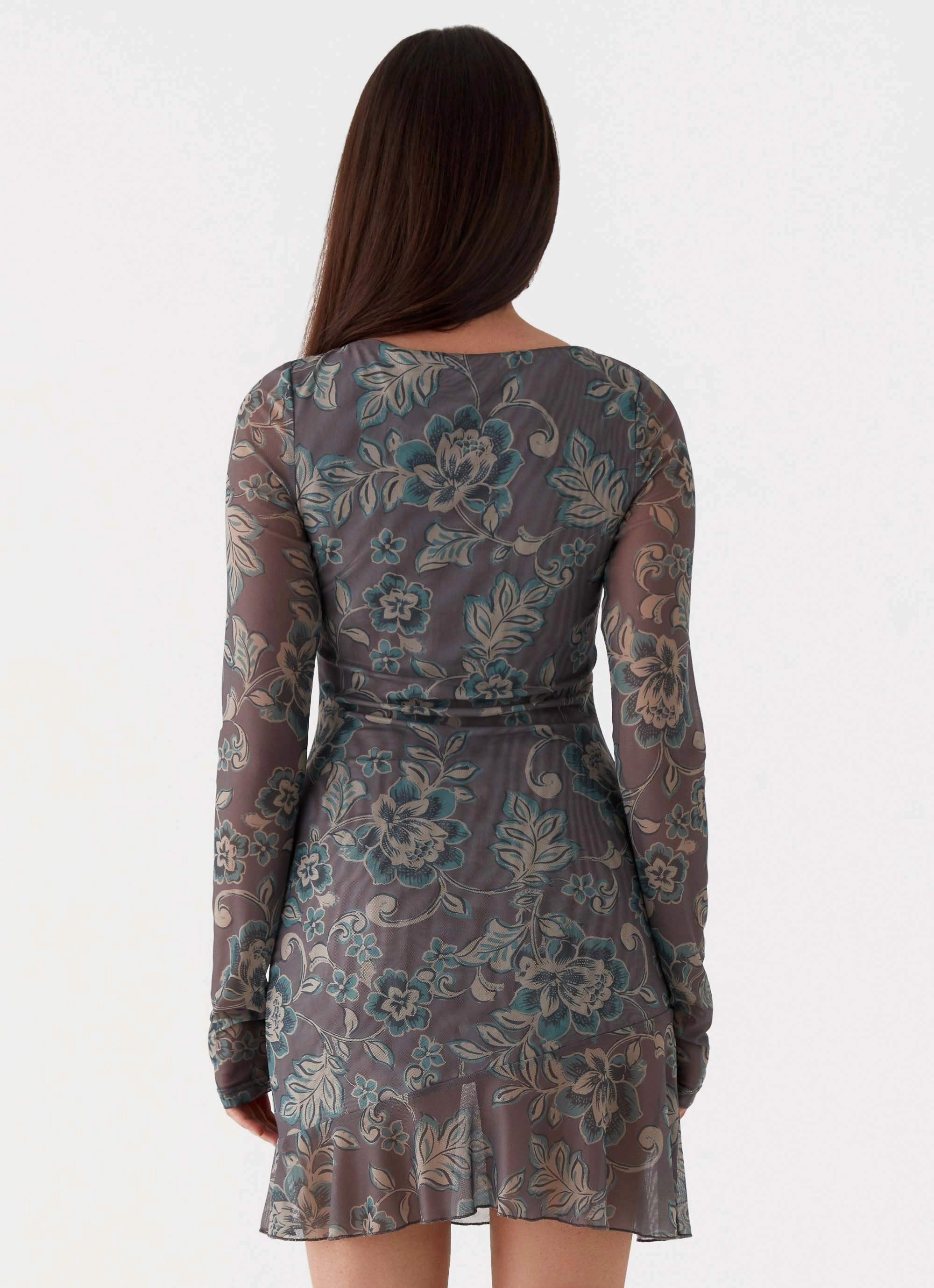 Ines Long Sleeve Mini Dress - Brown Floral Easy Lovely
