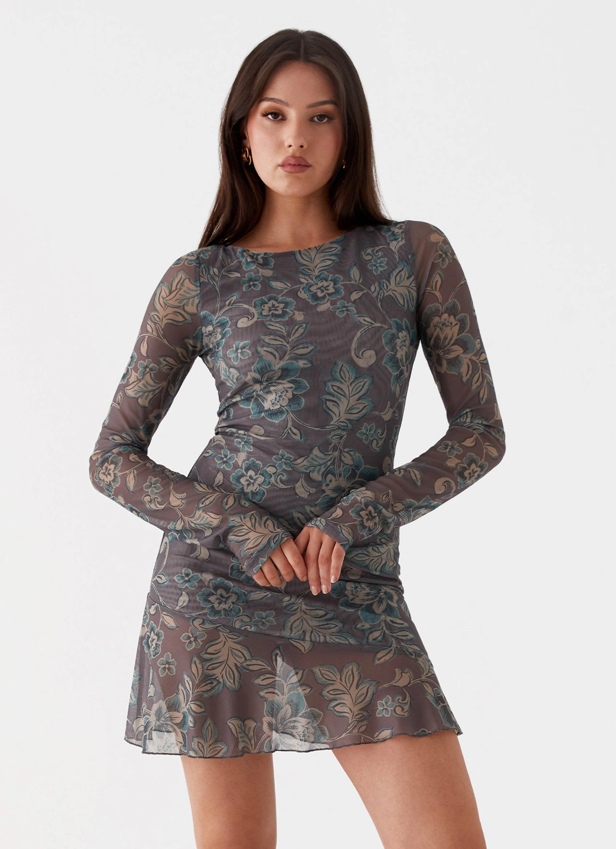 Ines Long Sleeve Mini Dress - Brown Floral Flowy Cut Vibrant Colors