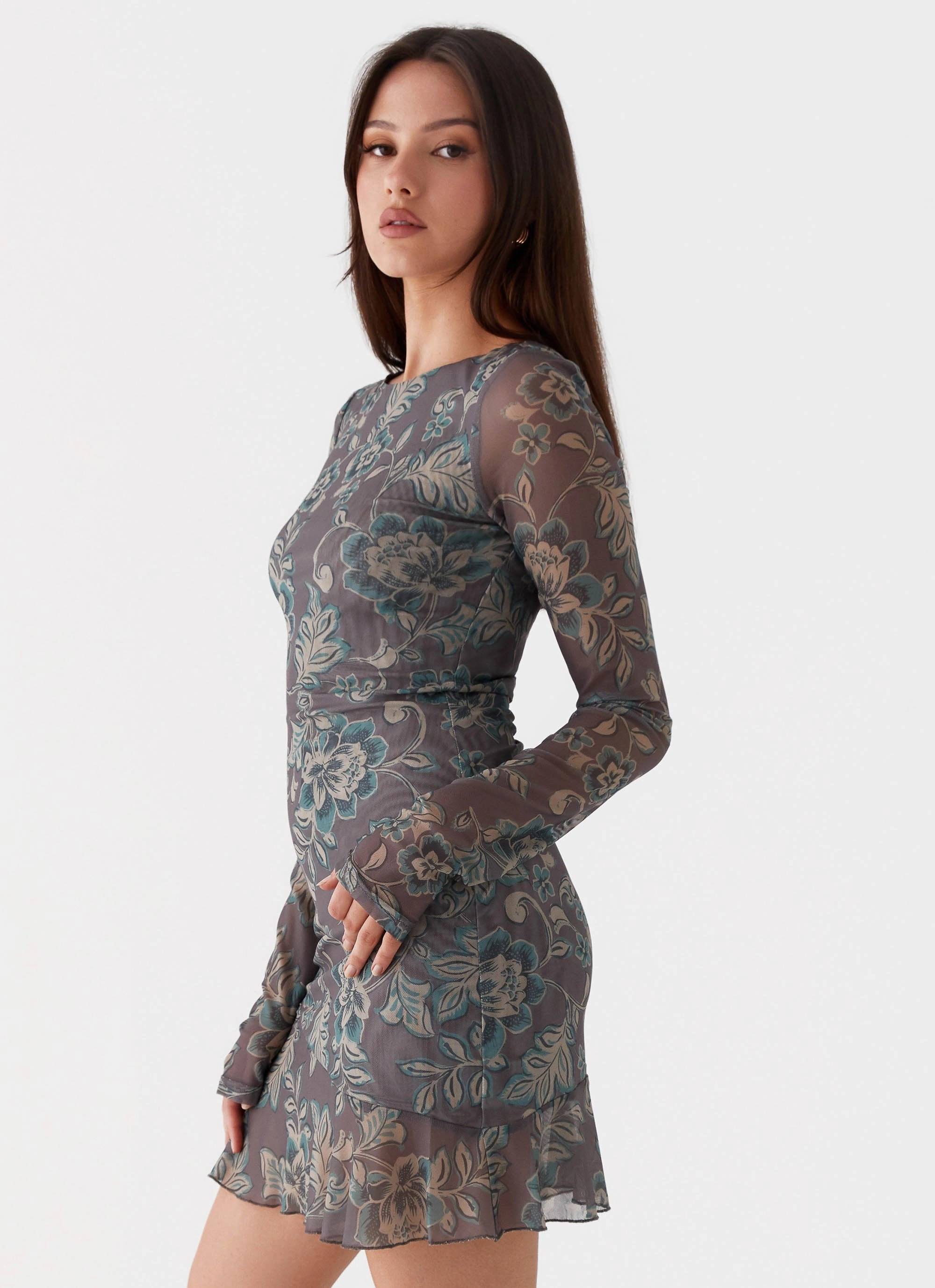 Crinkle Effect Ines Long Sleeve Mini Dress - Brown Floral