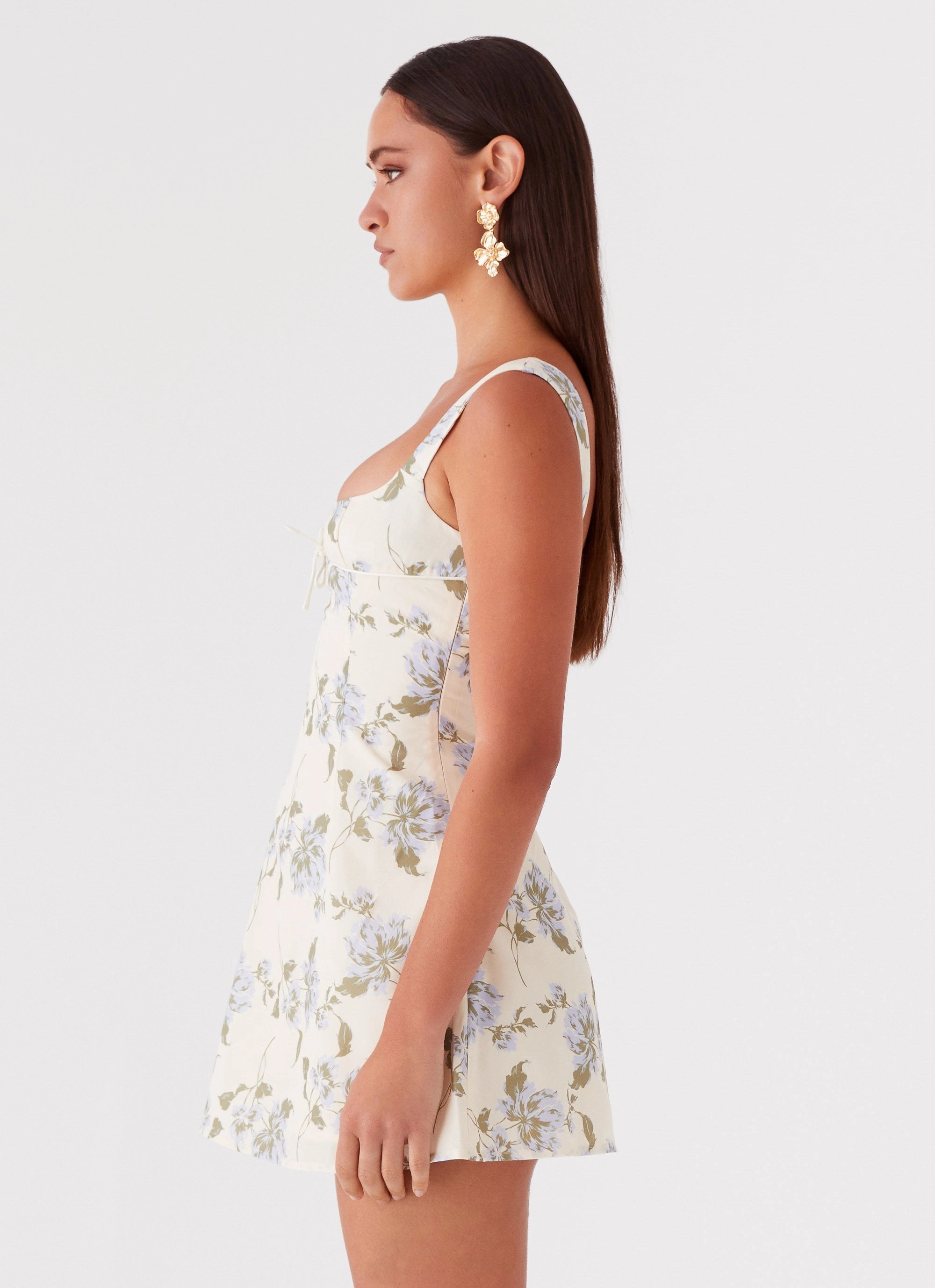 Cadence Mini Dress - Yellow Purple Floral Sleek Tailoring Unique Print