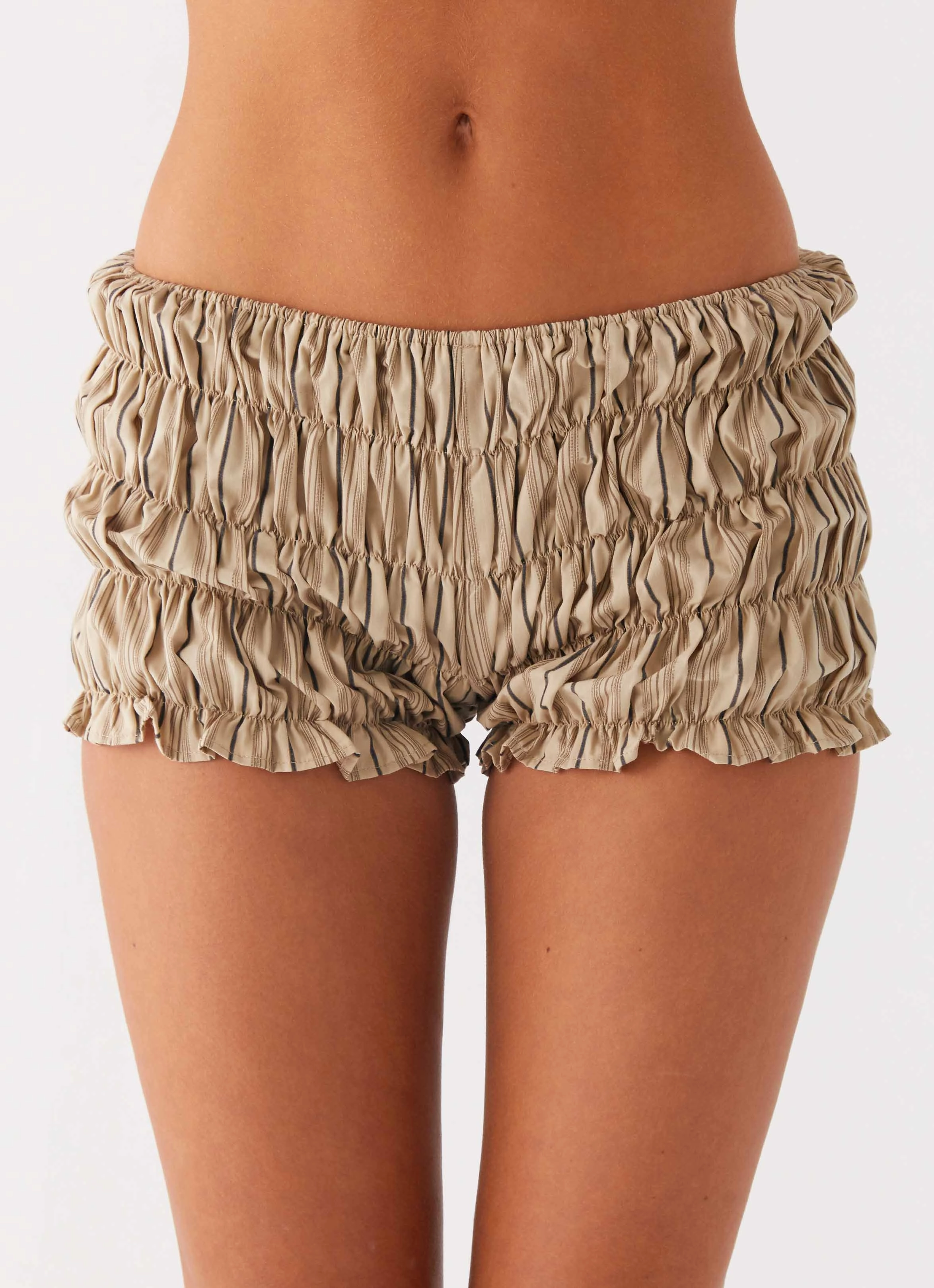 Girls Like Us Ruched Mini Shorts - Oatmeal Stripe Body Motion souvenir choice