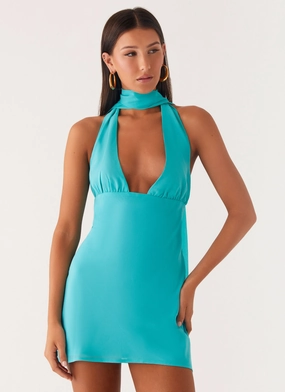 Evening-Wear Sleek Tailoring Melisande Scarf Neck Mini Dress - Aqua Blue