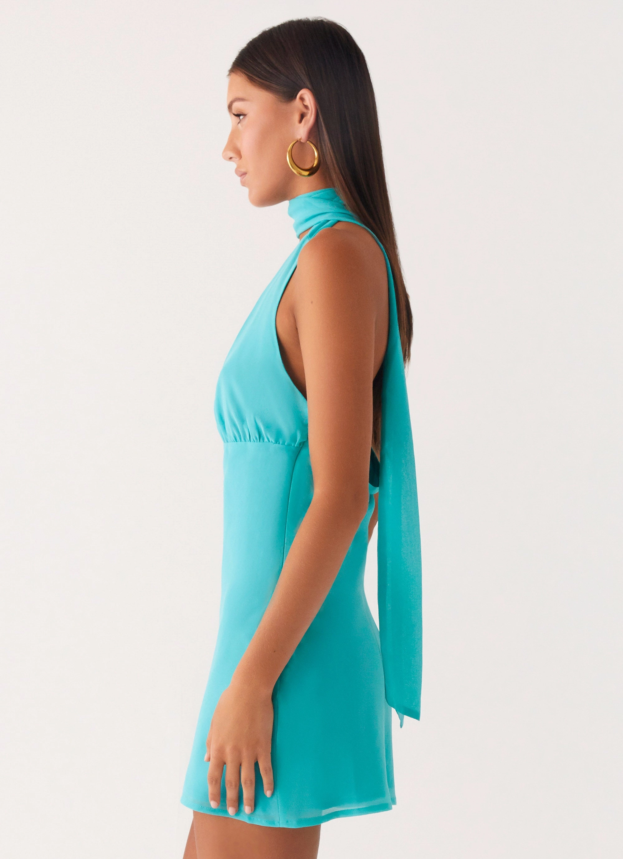 Fashion Forward Melisande Scarf Neck Mini Dress - Aqua Blue