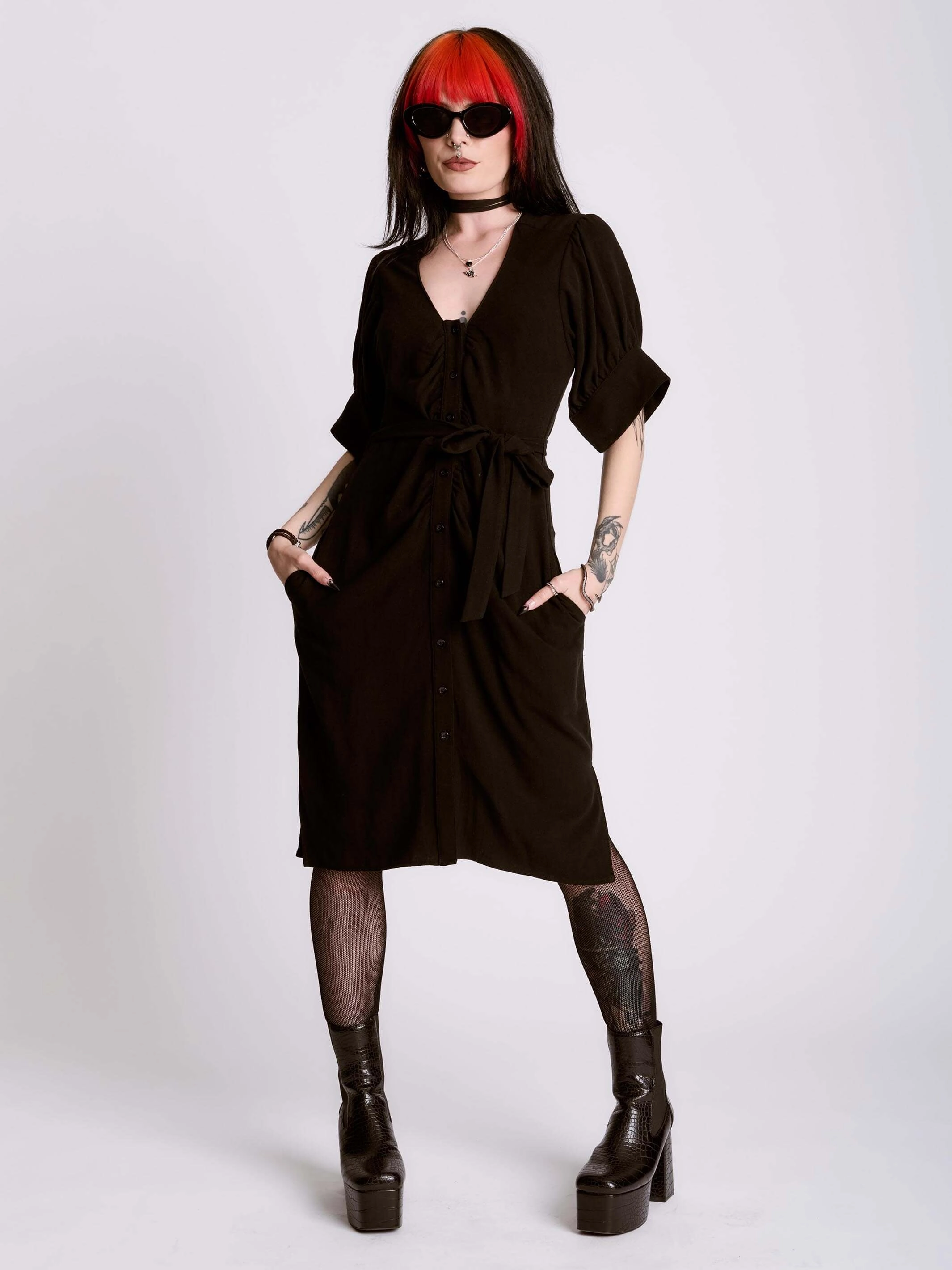 Front-Pocket Layered Comfort Shirred  Linen Shirt Dress