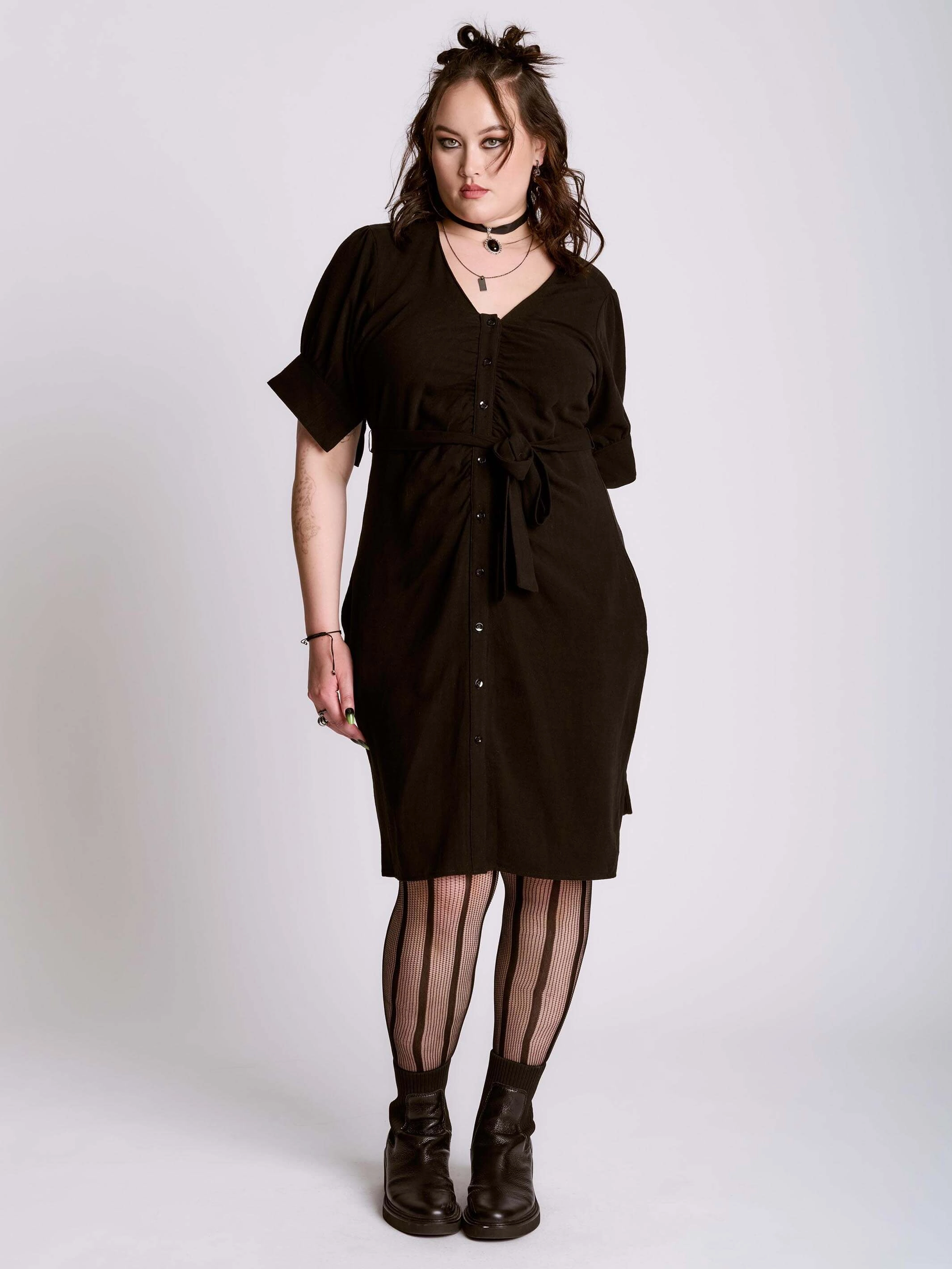 Shirred  Linen Shirt Dress Metallic-Shine Smooth Look