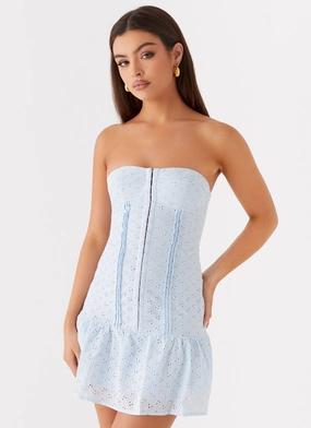 Bloomsbury Bustier Mini Dress - Blue Drapey Fabric Chilly Weather Comfort
