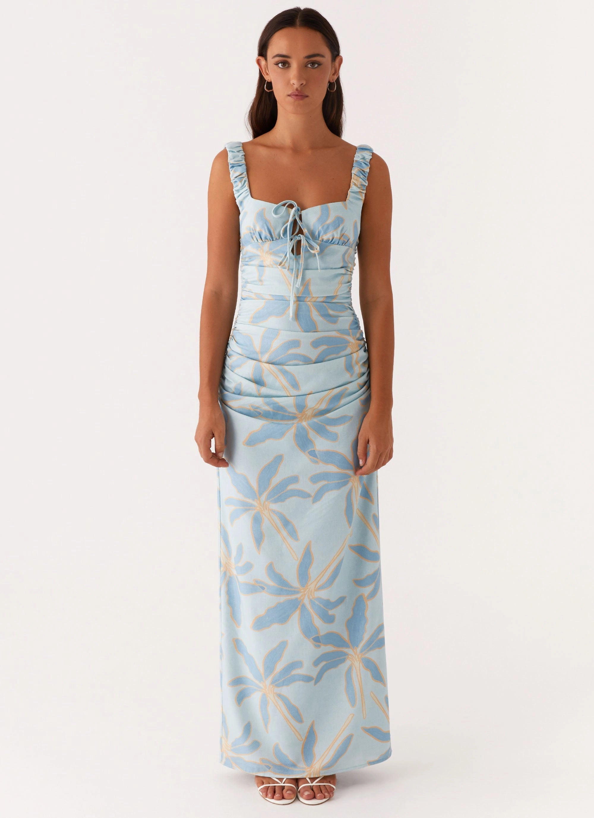 Cosmic Love Ruched Maxi Dress - Opulent Blue High-Neck Mom Chic