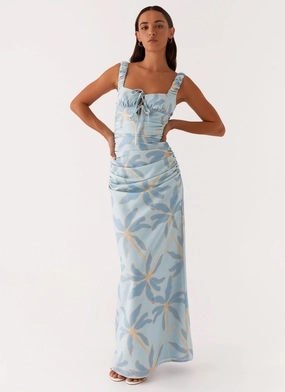 Comfortable Waist Design Fit Satin Grace Cosmic Love Ruched Maxi Dress - Opulent Blue