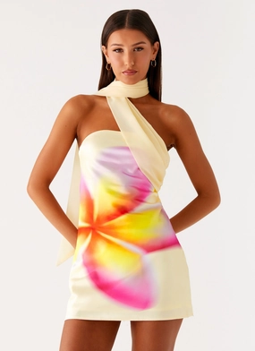 Isa Scarf Satin Mini Dress - Frangipani Yellow Warm Pink Relaxed Design