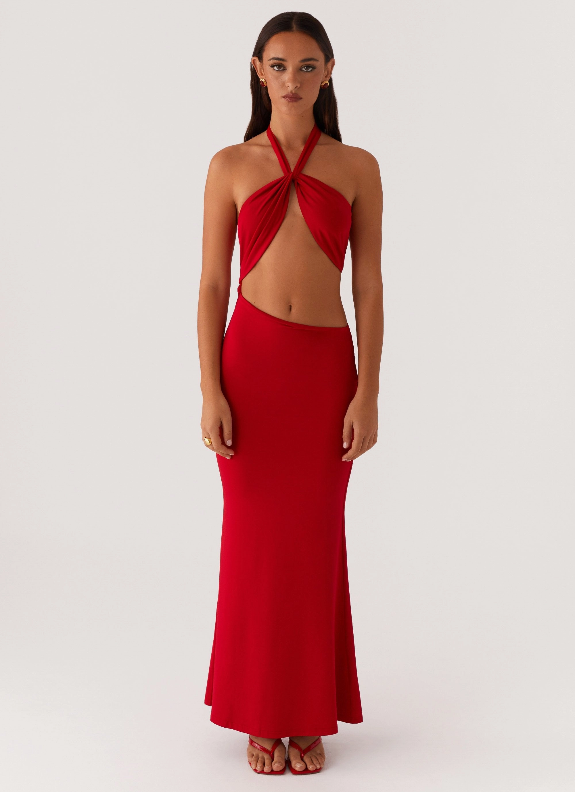 Its Obvious Maxi Dress - Red Front-Pocket Chic Waistband