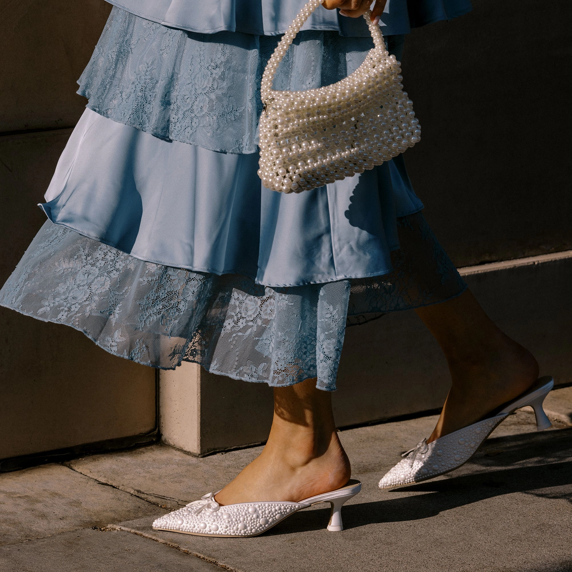 French Glow CLAYTN PEARL HEELS TRUE WHITE SATIN