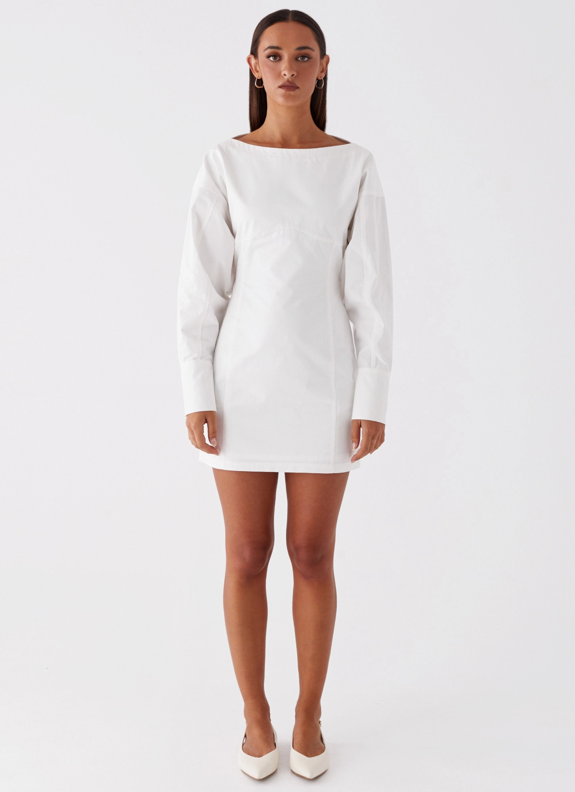 Dynasty Shirt Mini Dress - White Sharp Style Flattering Waist