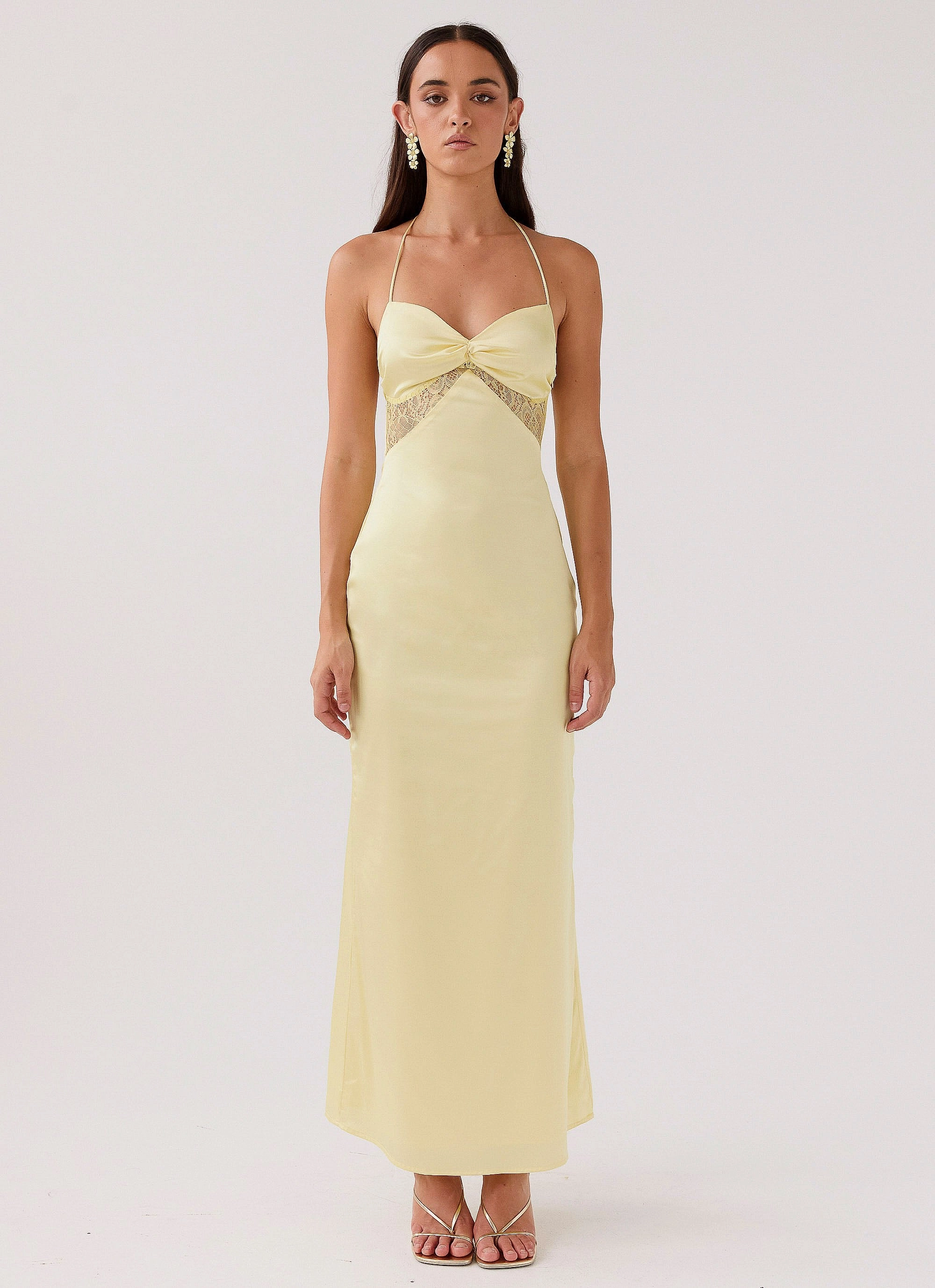 Trendy wrap gown Dream Sight Lace Satin Maxi Dress - Lemon