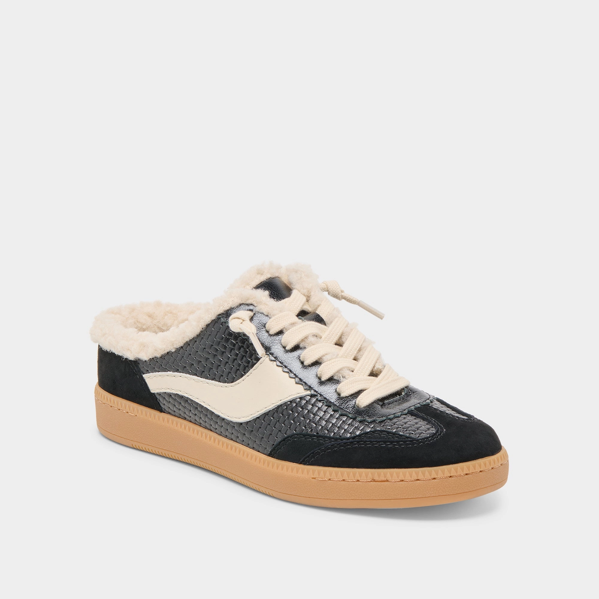 Tension Balanced Design Sustainable Construction NOTICE SLIDE PLUSH SNEAKERS BLACK WOVEN LEATHER