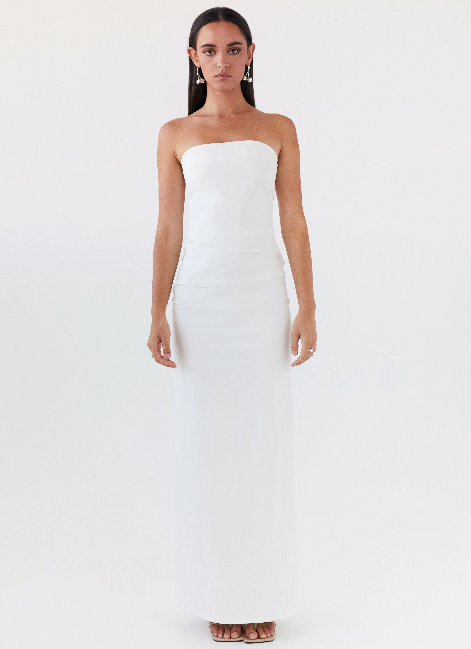 Danielle Strapless Maxi Dress - White Grace Flow Silky Drape