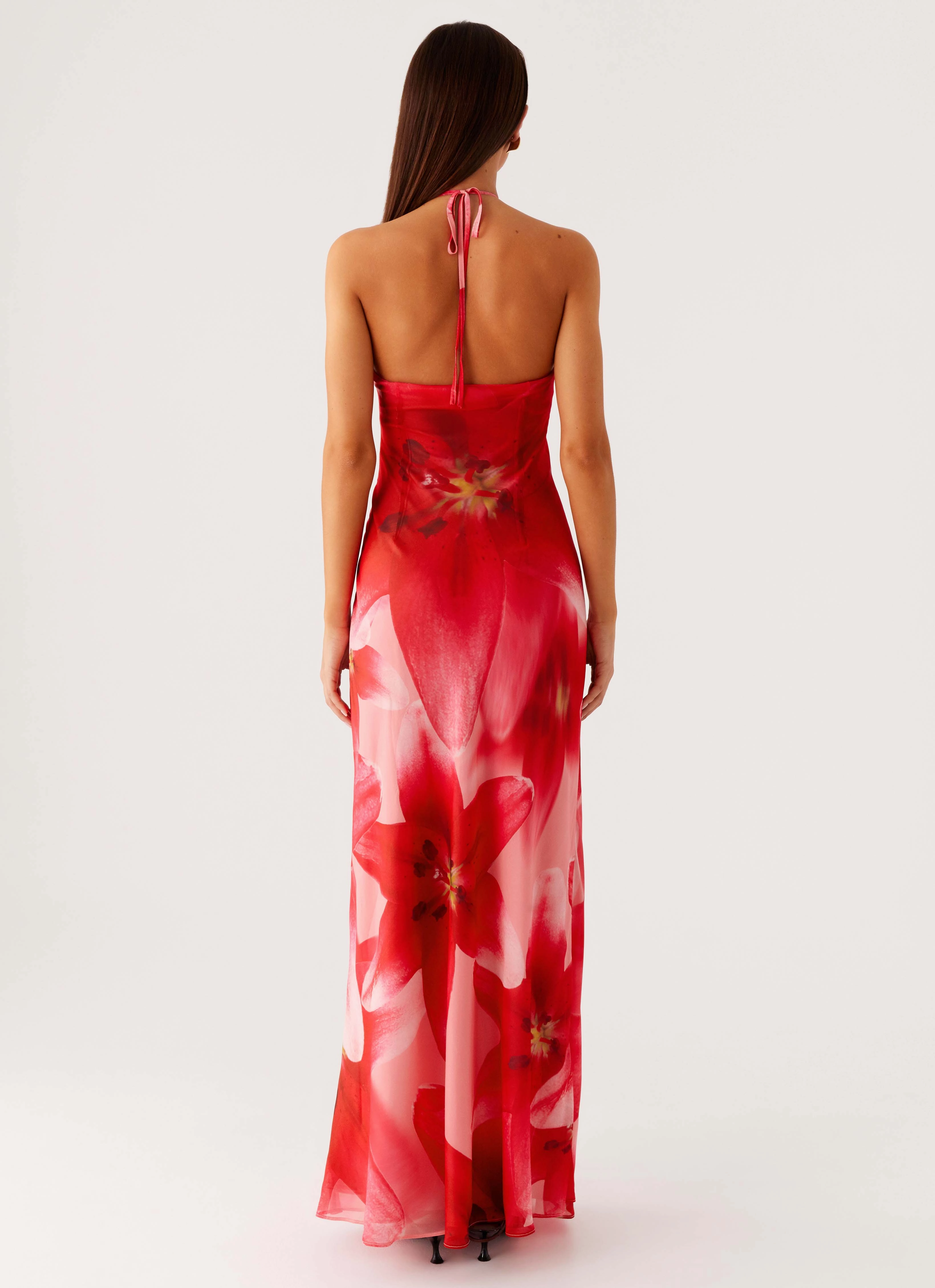 Climate-Adaptive Eco-friendly Vatiana Chiffon Maxi Dress - Peach Watermelon Flower