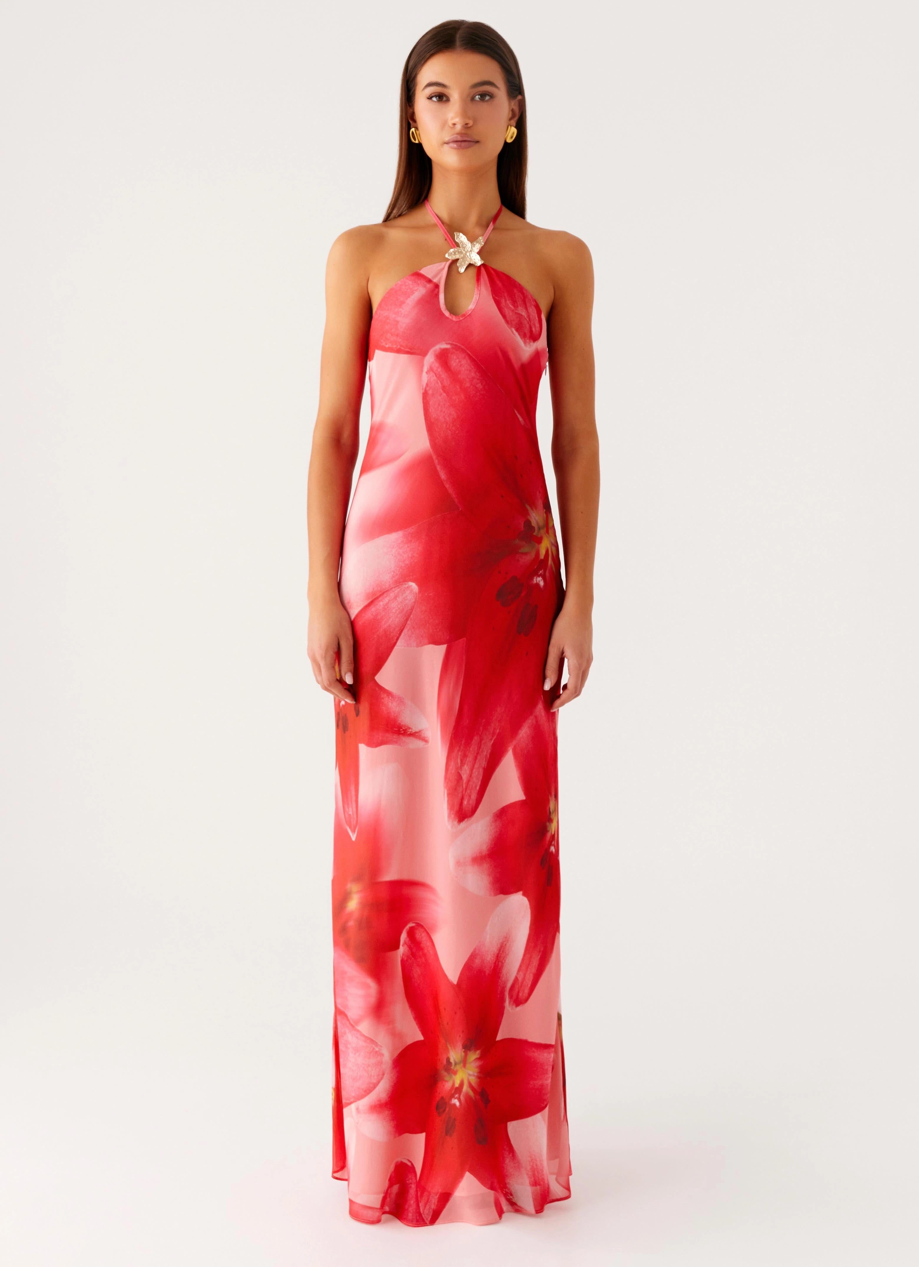 Vatiana Chiffon Maxi Dress - Peach Watermelon Flower Sheer Element Natural Flow