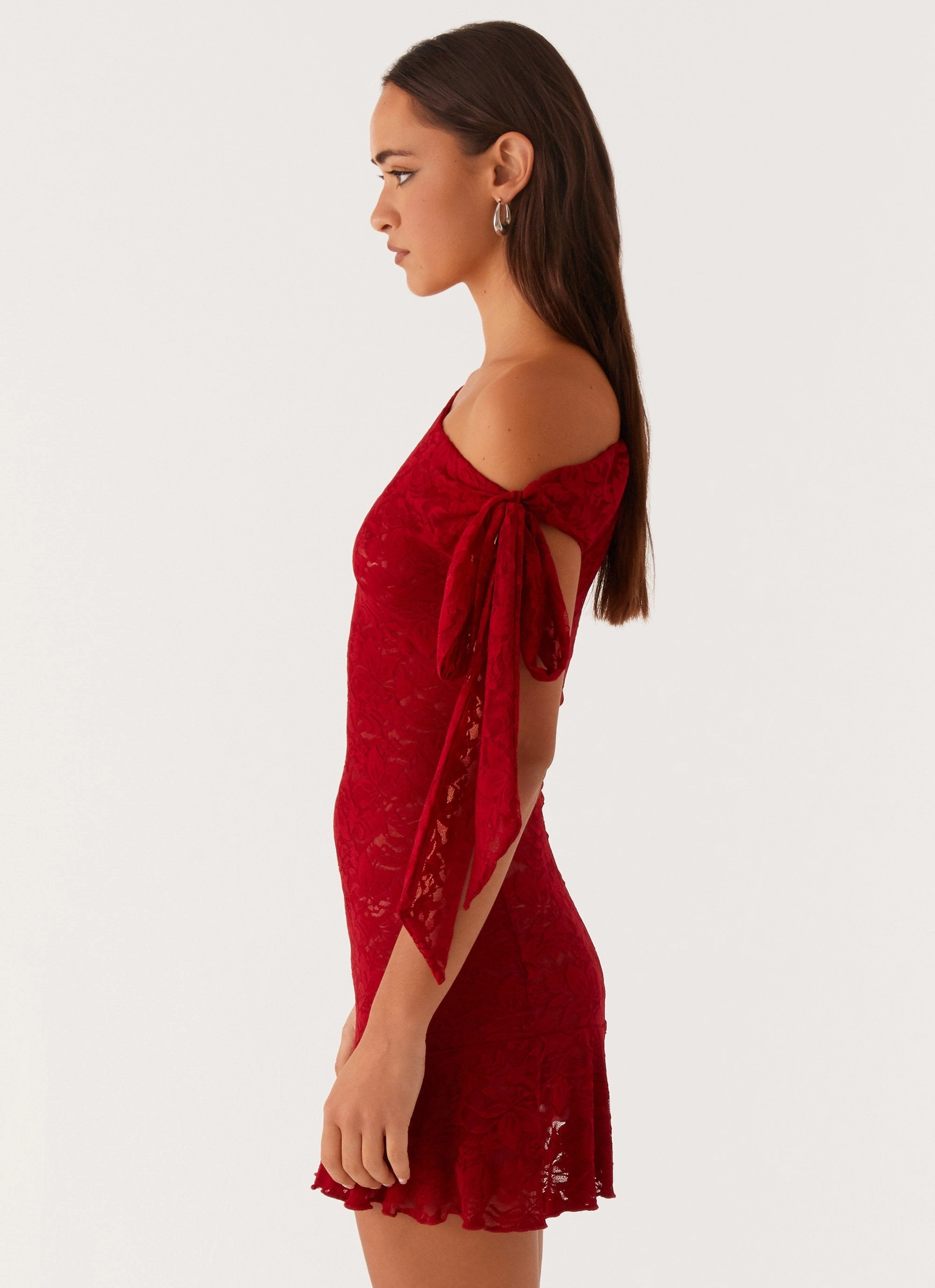 Palm House Lace Mini Dress - Red Feminine Charm Floating Shape