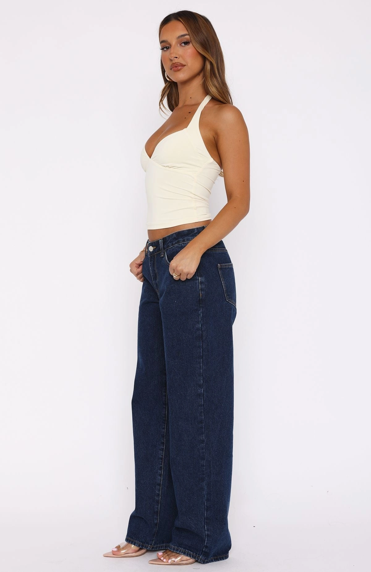 Bring The Style Low Rise Wide Leg Jeans Dark Blue High-Quality Fabric