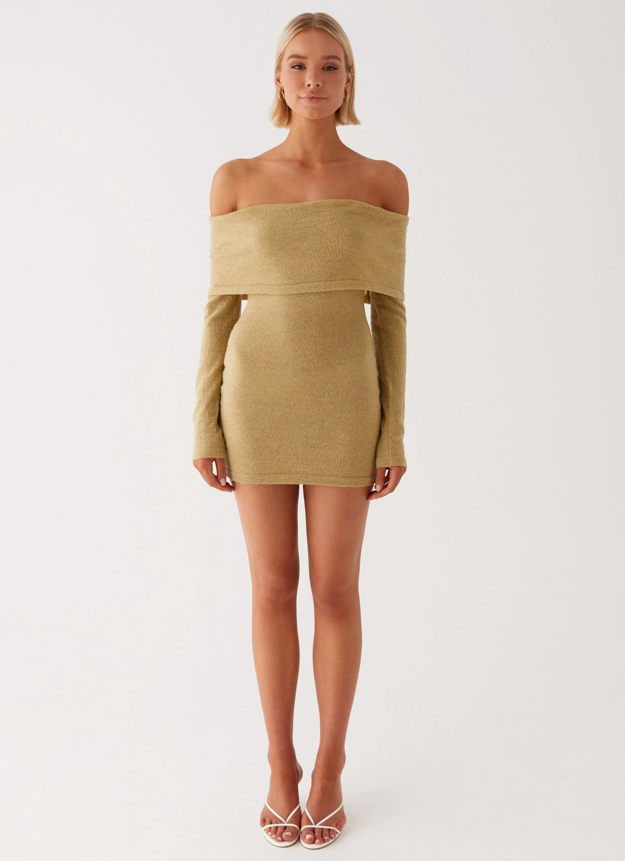Myla Off Shoulder Mini Dress - Camel Body Confidence