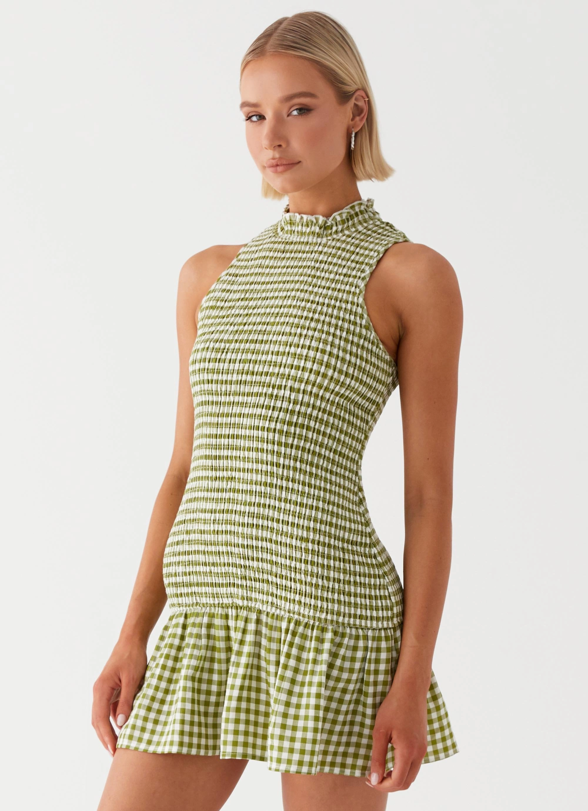 Bright Appeal Perfect Proportion Cassie shirred Mini Dress - Khaki Gingham
