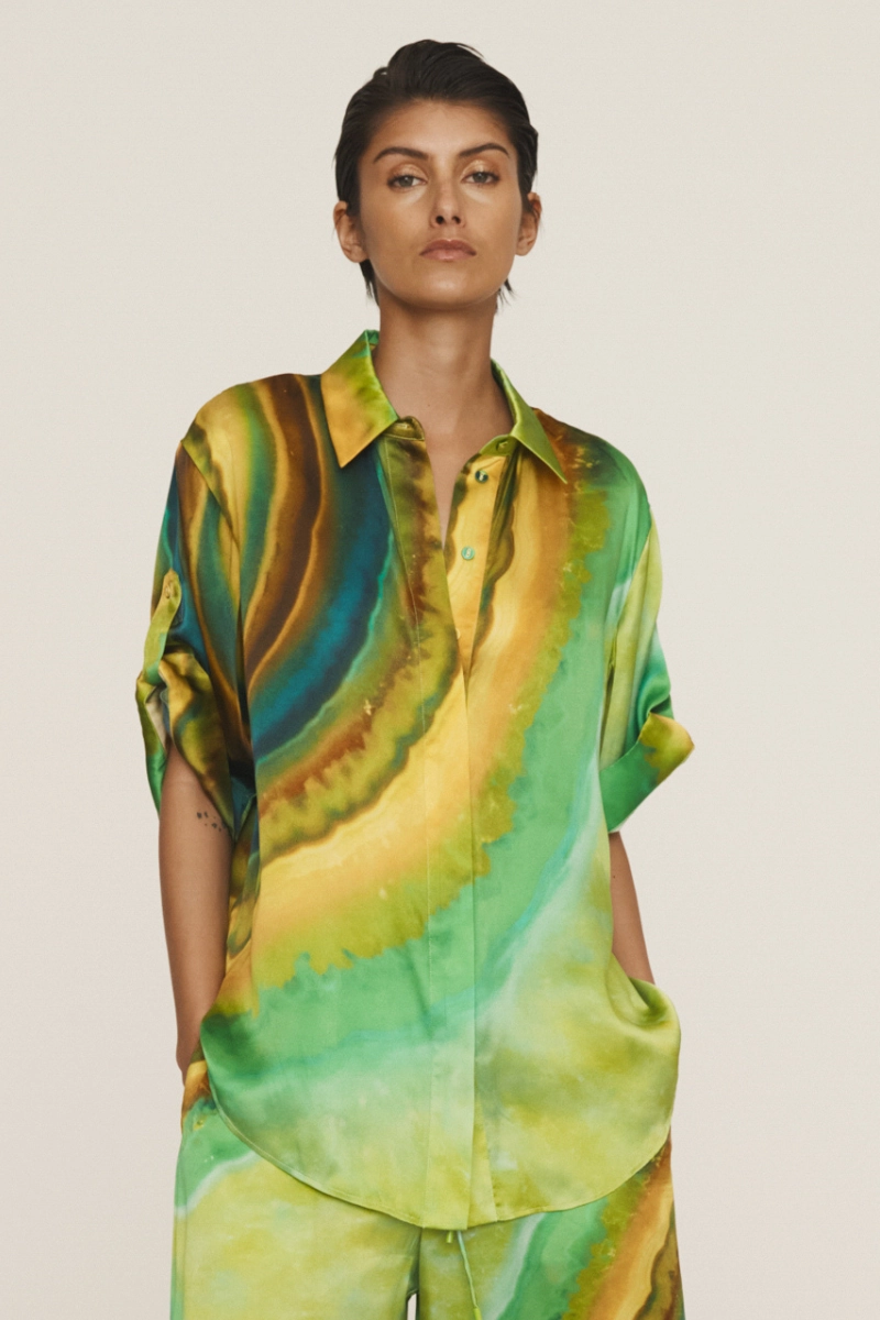 Iris Silk Shirt Minimalist Closure Lakeside Relaxation