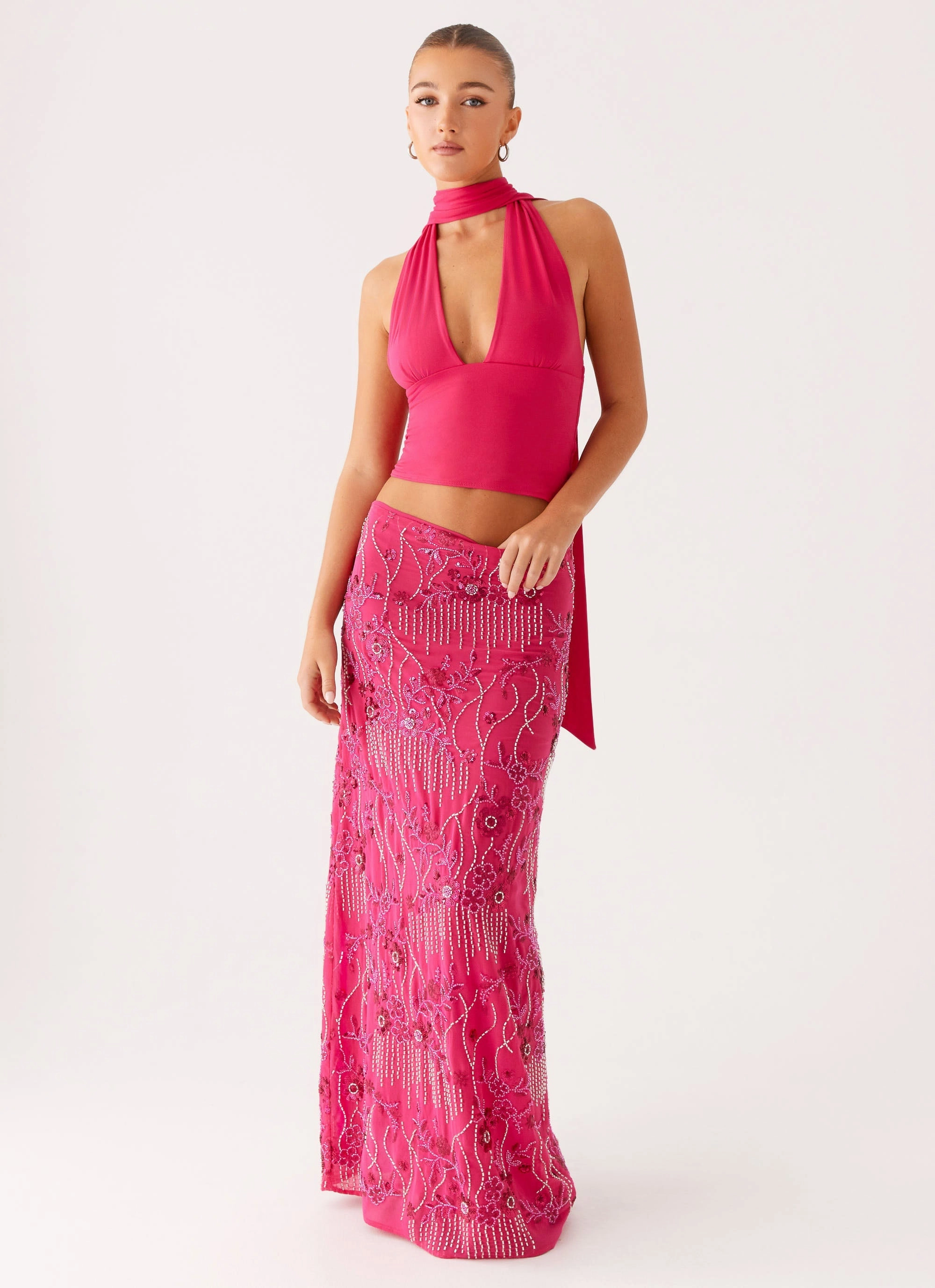 Corinna Low Rise Sequin Maxi Skirt - Fuchsia Drawstring closure Emerging Designer