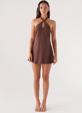 Year Rounder Cruise-Wear Counting Stars Linen Halterneck Dress - Chocolate