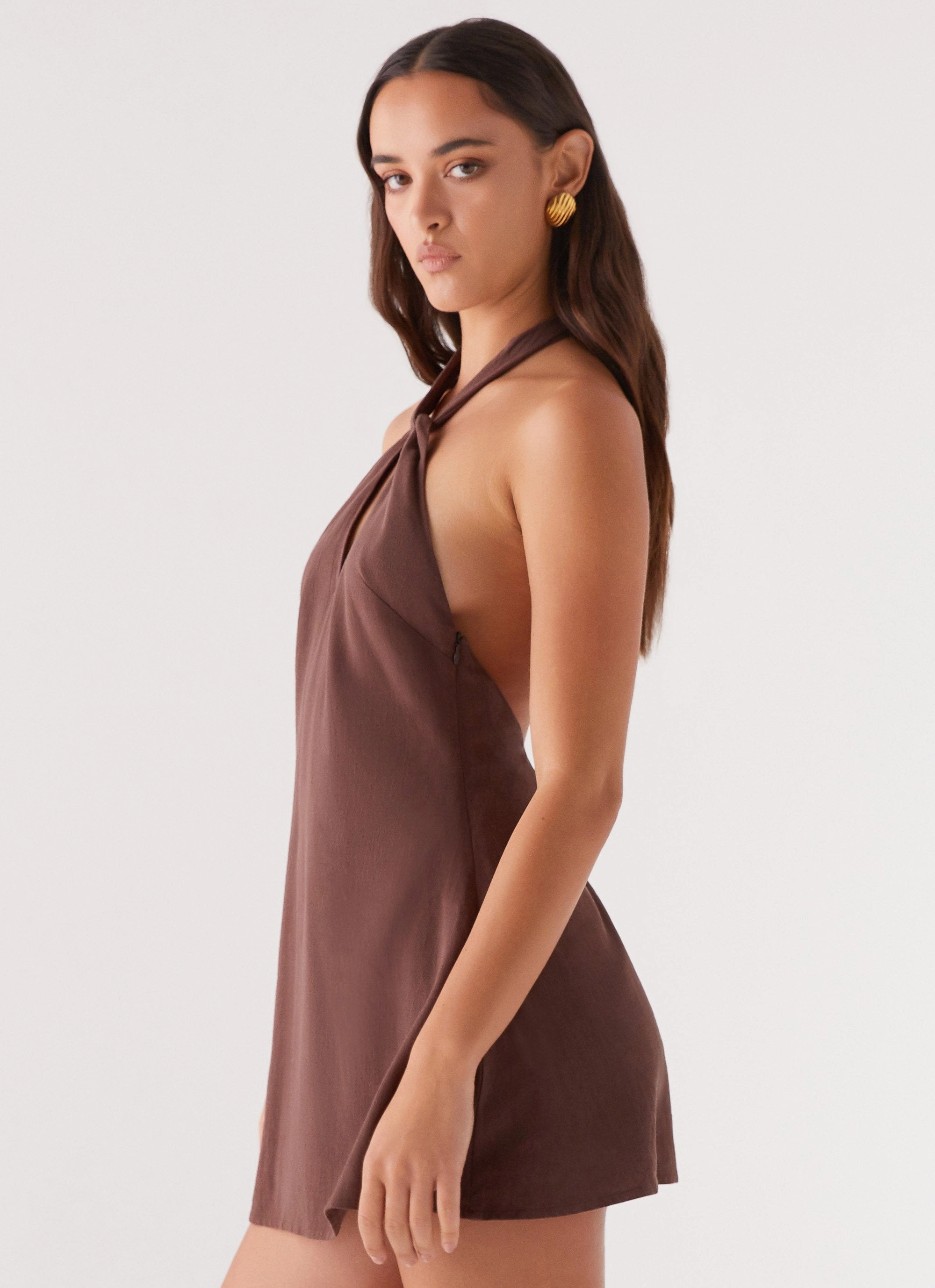 Counting Stars Linen Halterneck Dress - Chocolate Layer Base Bright Colors