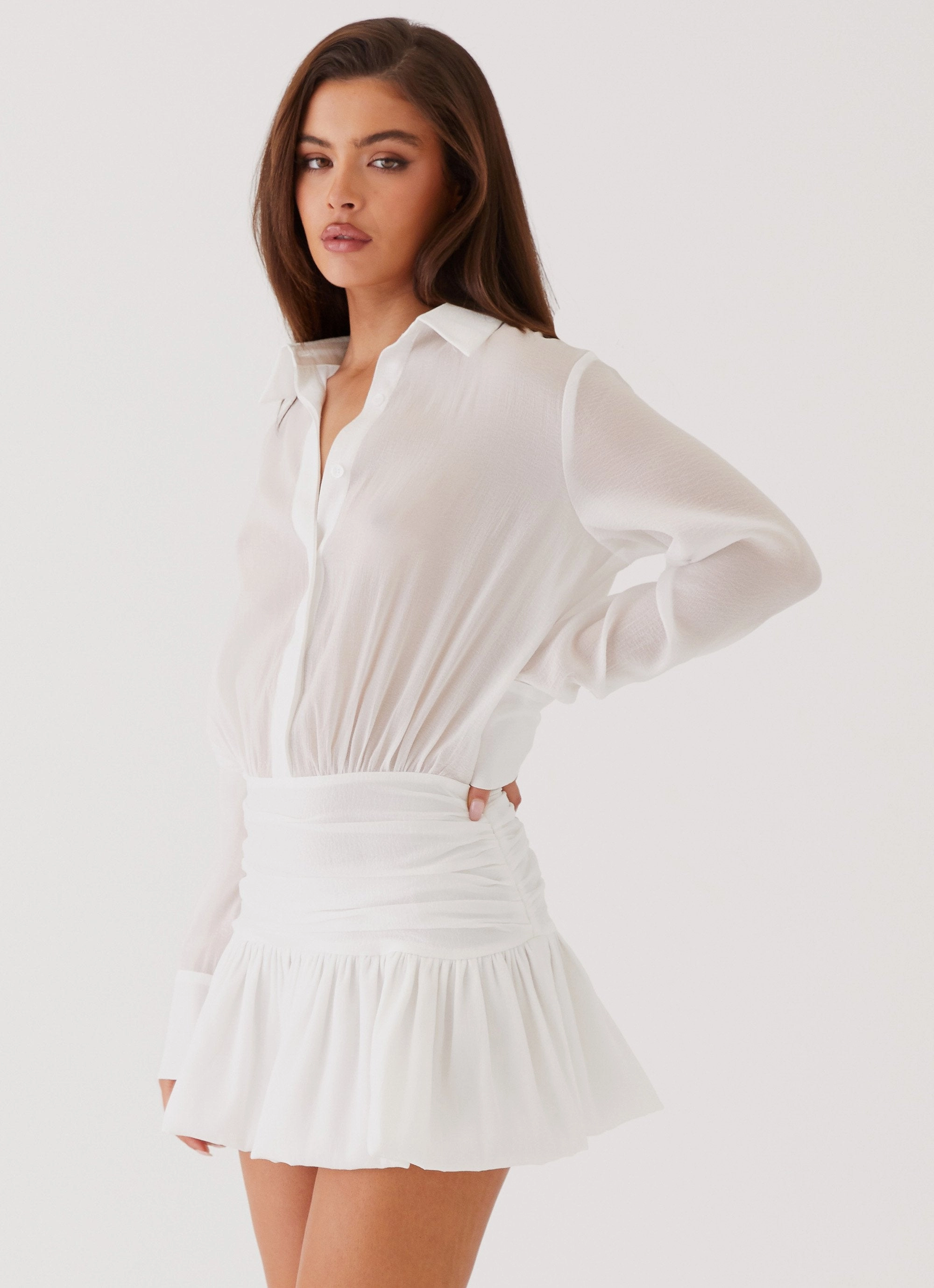 Rae Long Sleeve Shirt Dress - White Relaxed-fit gown Natural Tones