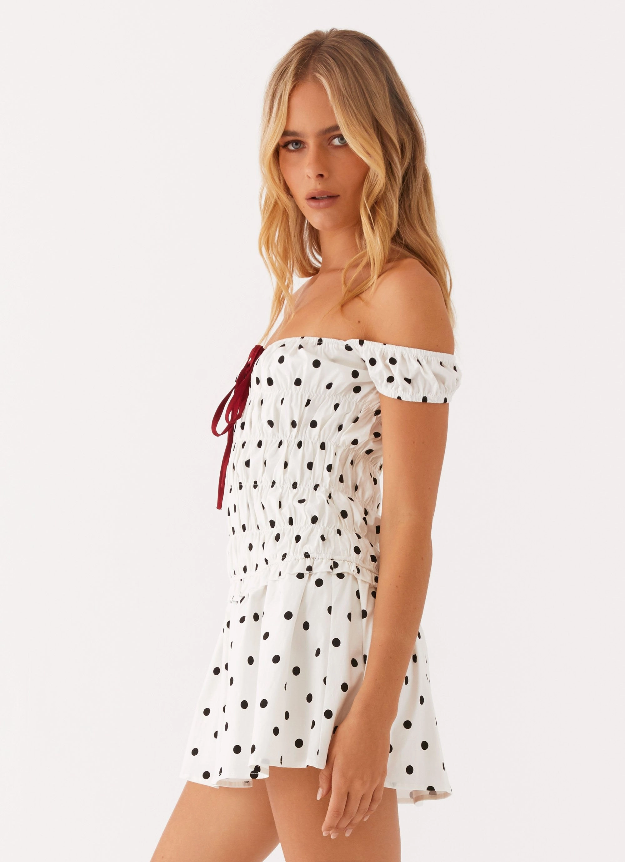 Breathable Design Refined Feel Countryside Off Shoulder Mini Dress - White Polkadot